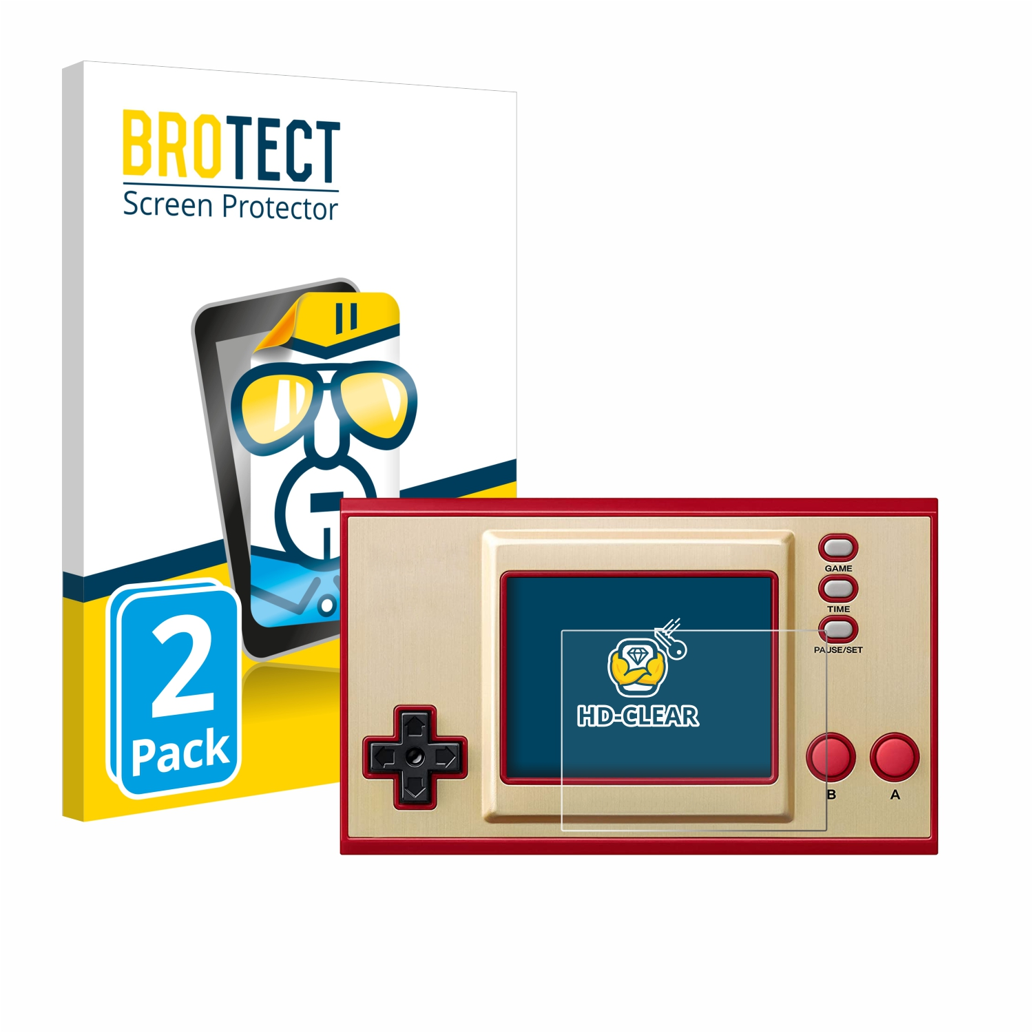 Displayschutzbox und eine rote Handheld-Konsole mit aufgebrachtem Displayschutz.