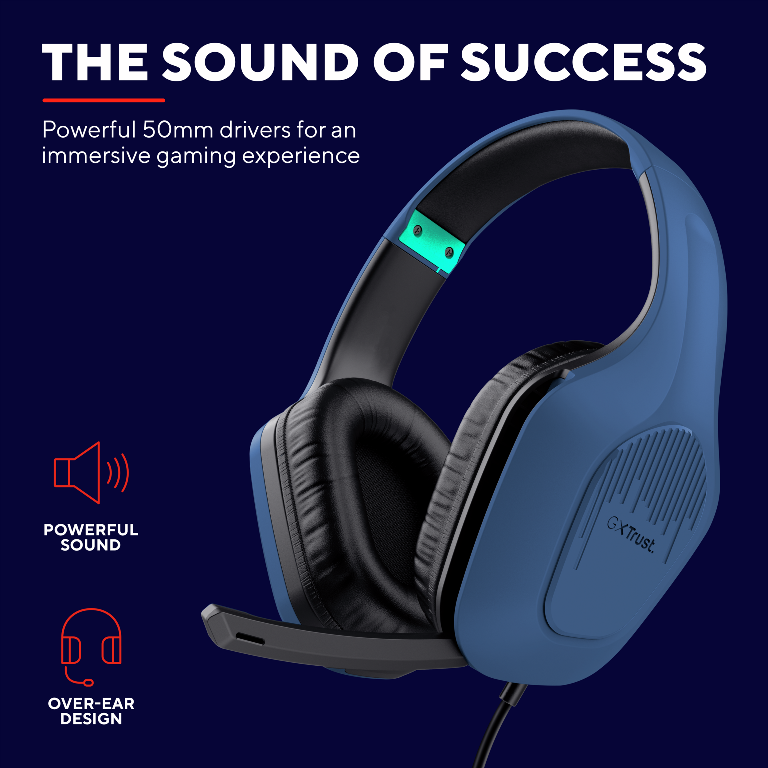 Blaues Gaming-Headset mit schwarzen Polstern und Mikrofon. Text: 'Der Klang des Erfolgs.' Icons: Schallwellen, Kopfhörer.