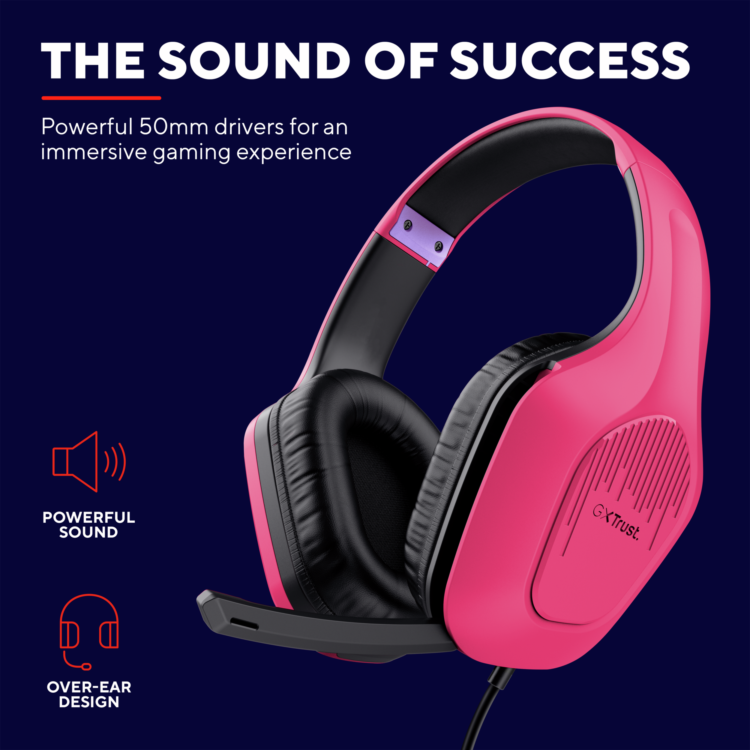 Casque gaming rose. Design circum-auriculaire et microphone. Son puissant et design.