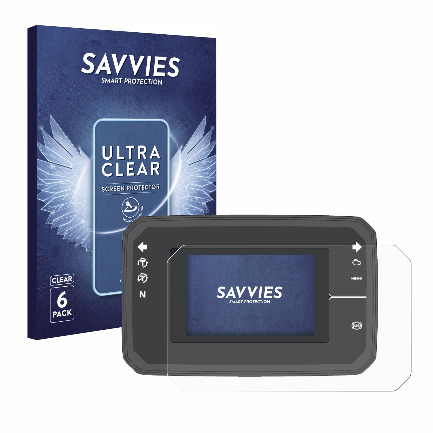 Displayschutzbox und ein schwarzes Gerät mit angebrachtem Displayschutz, Knöpfen und Bildschirm.