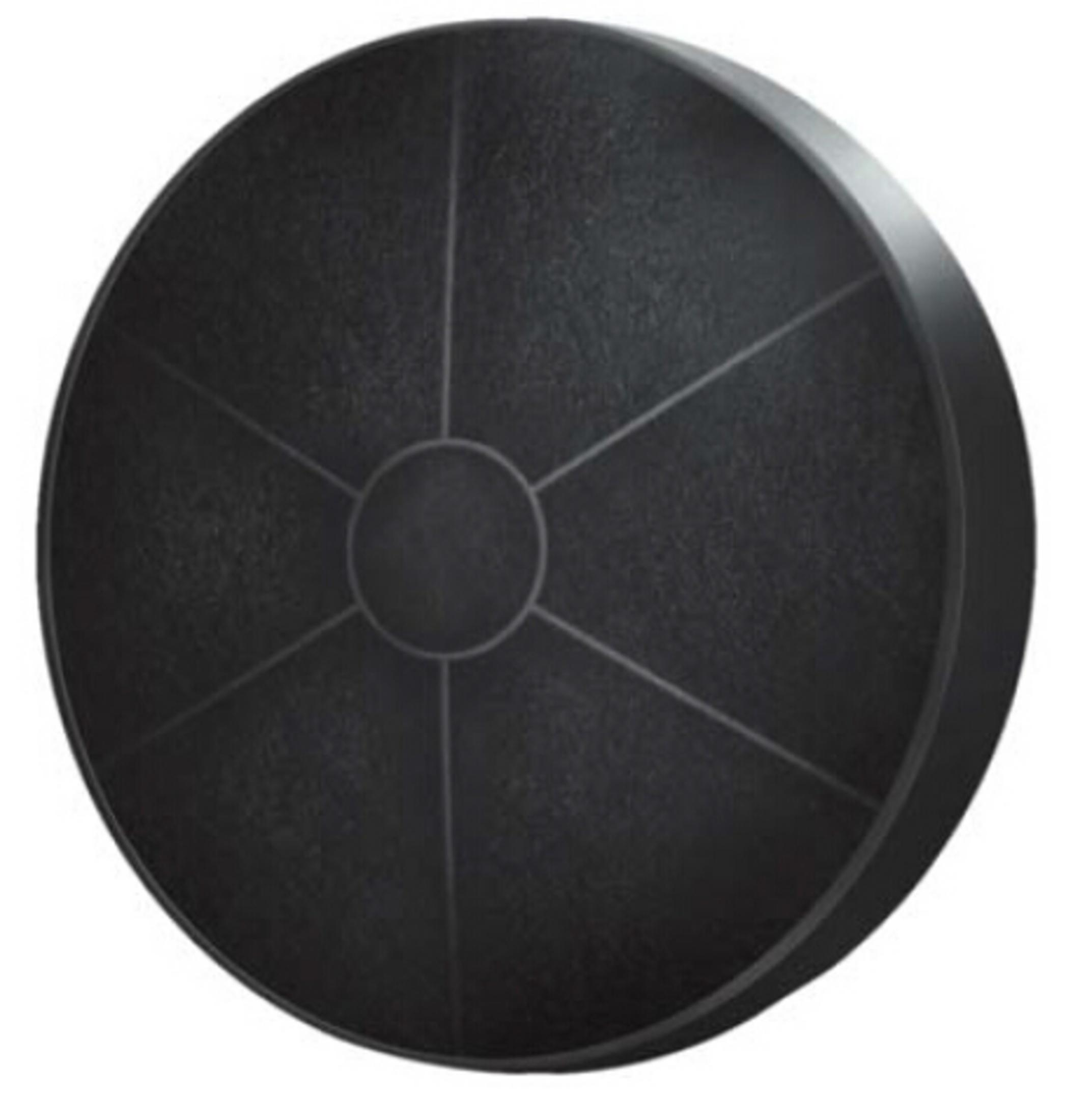 Ein schwarzer runder Aktivkohlefilter mit kreisförmigem Design. Es hat ein zentrales Loch und Segmente.