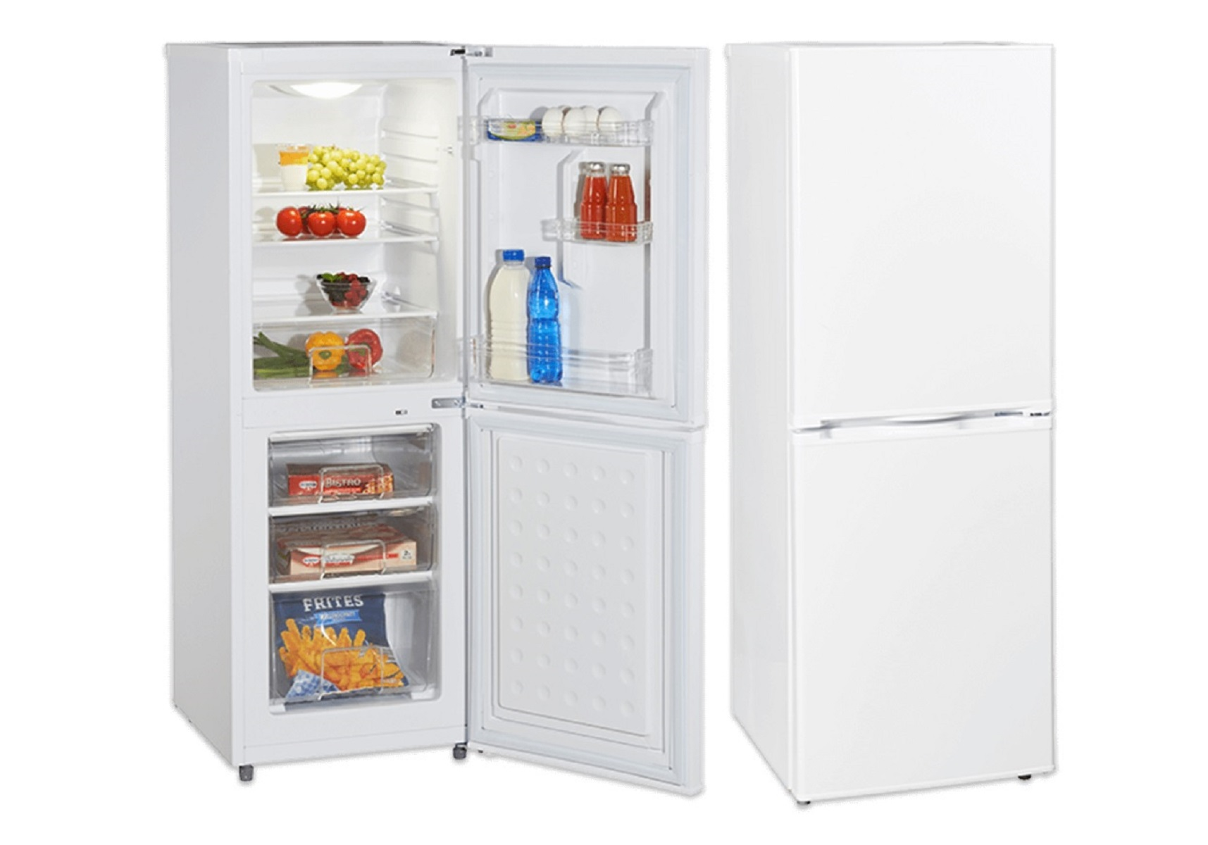 Ein weißer Kühlschrank, geöffnet, um den Inhalt zu zeigen, mit einem zweiten Kühlschrank rechts.