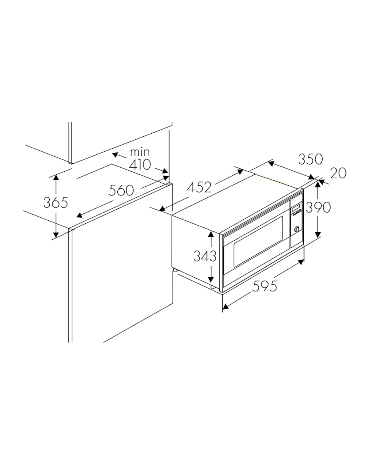 Diagramm einer Mikrowelle mit Abmessungen.