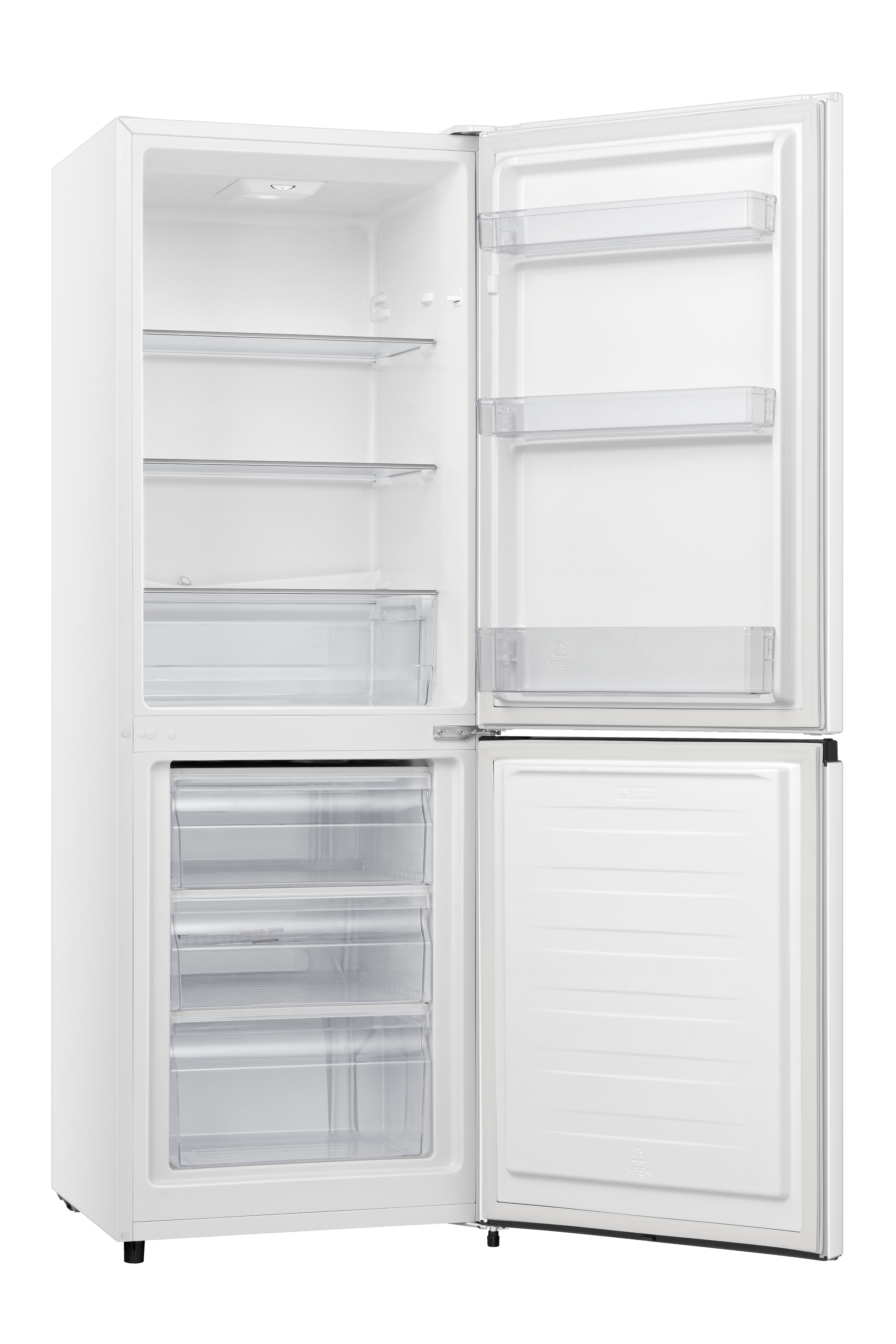 Weißer Kühlschrank mit offener Tür. Regale und Schubladen sind im Inneren sichtbar.