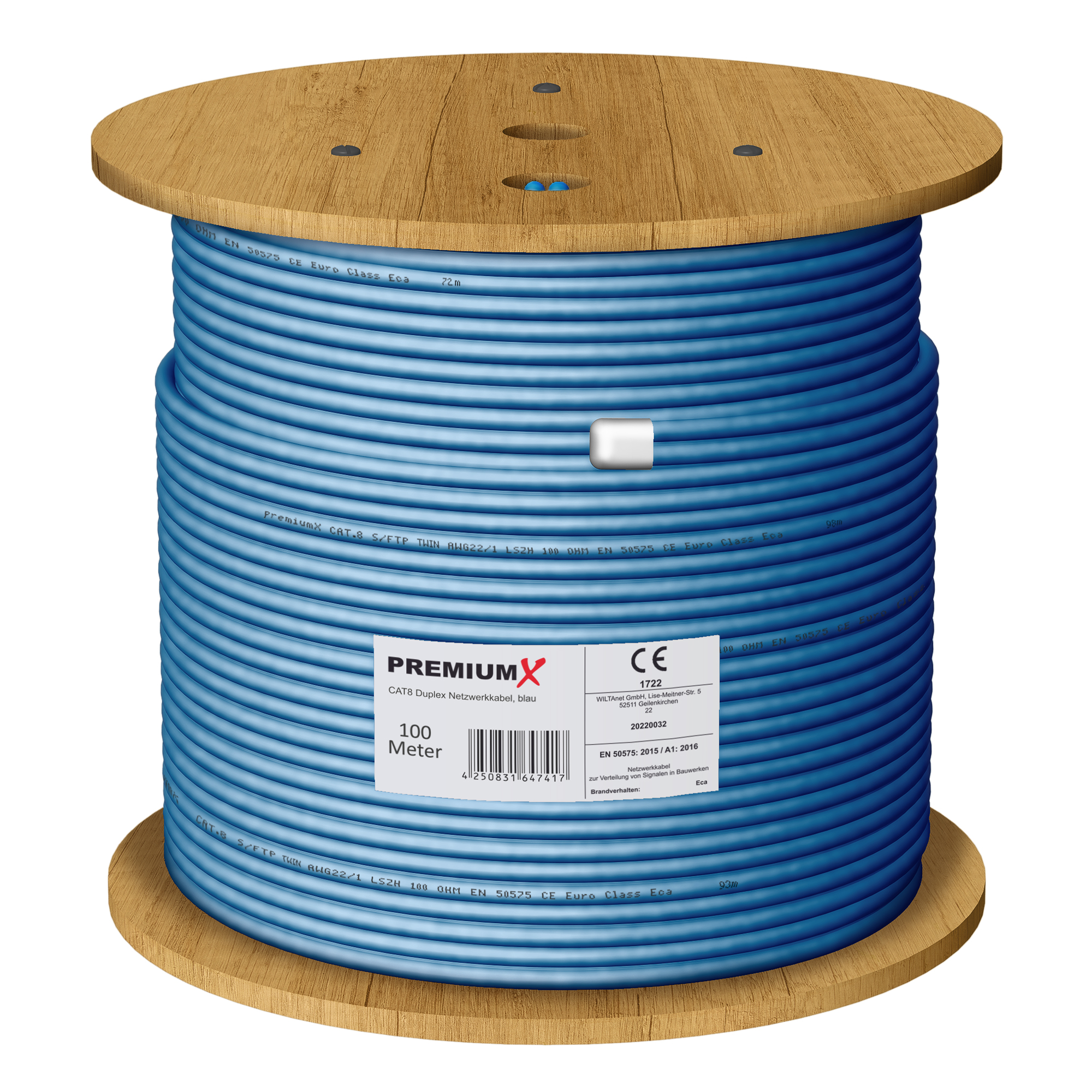 Eine Holzspule mit blauem Kabel, das sauber darum gewickelt ist. Ein Etikett mit Text ist sichtbar.