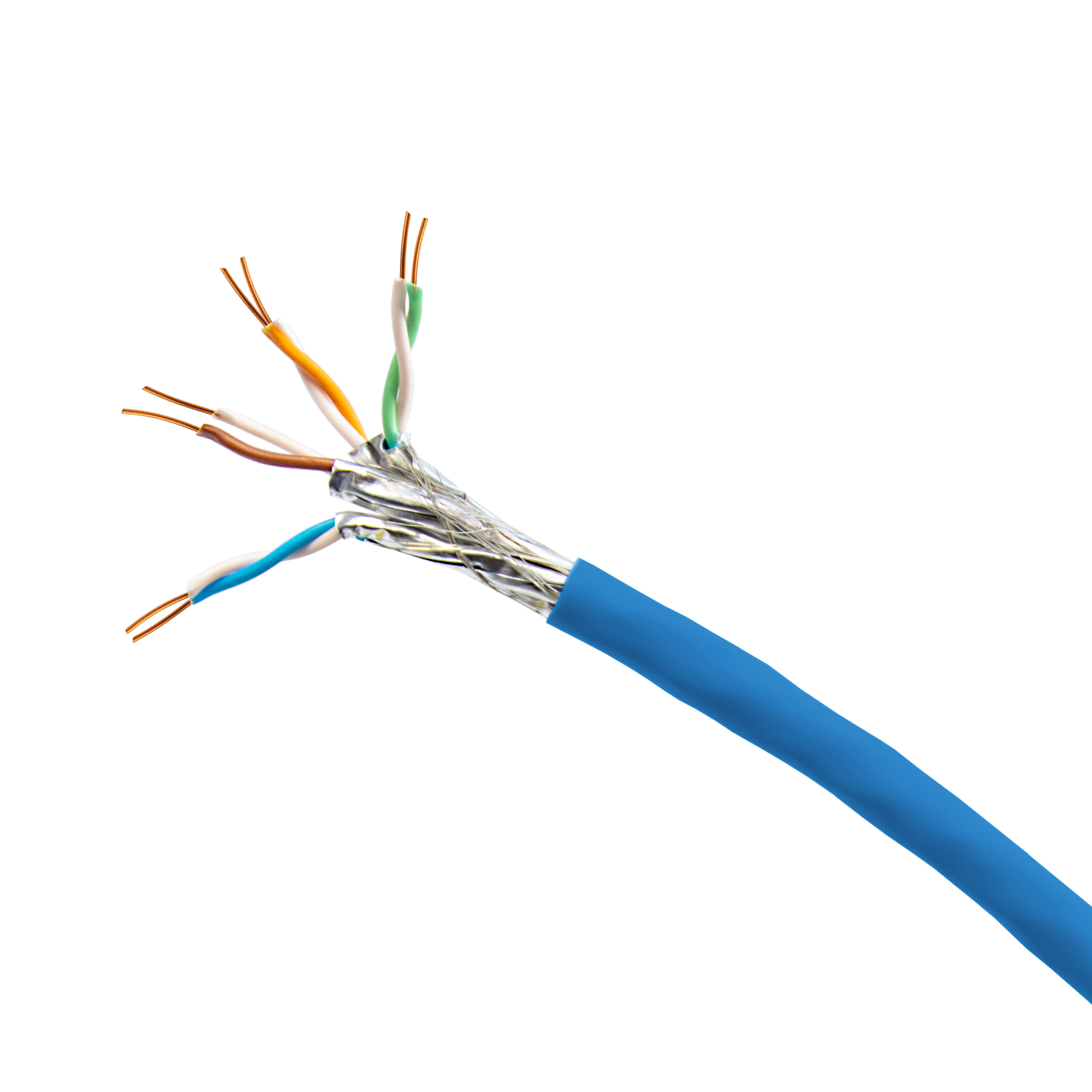 Blaues Netzwerkkabel mit freiliegenden Drähten. Die Drähte haben unterschiedliche Farben, isoliert auf Weiß.