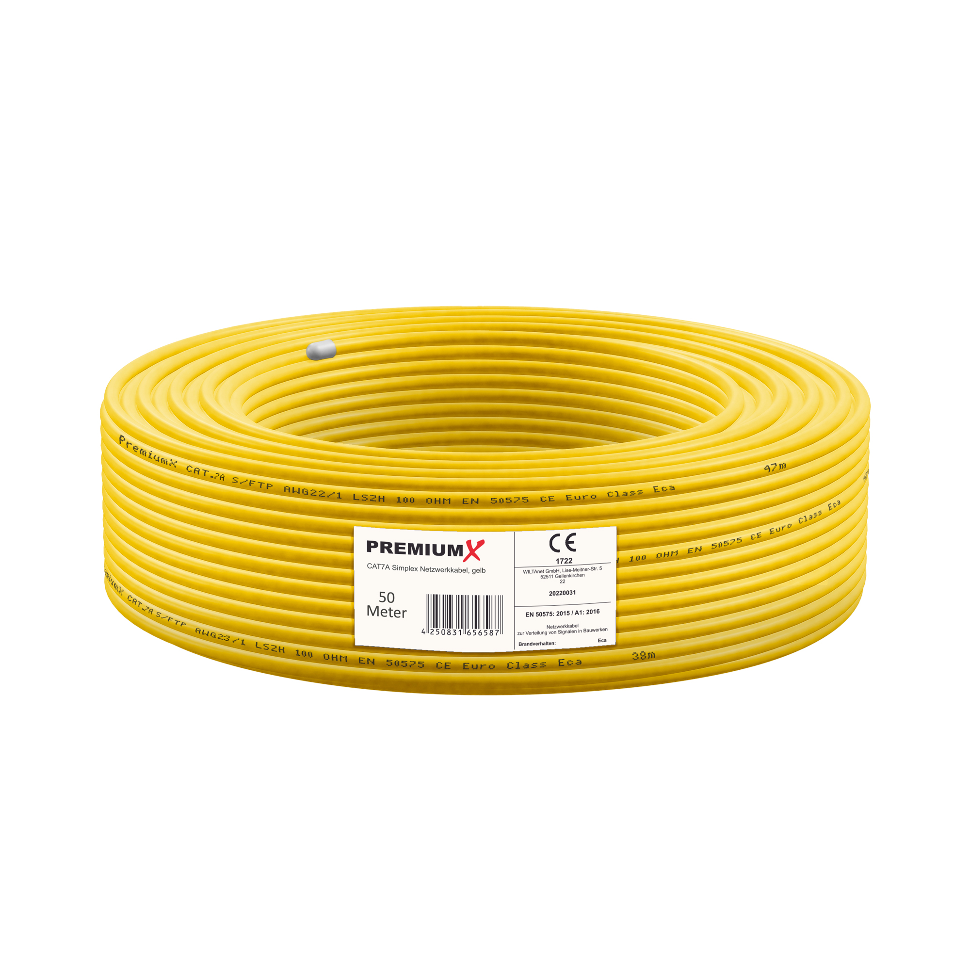 Gelbes Kabel auf weißem Hintergrund, aufgerollt.