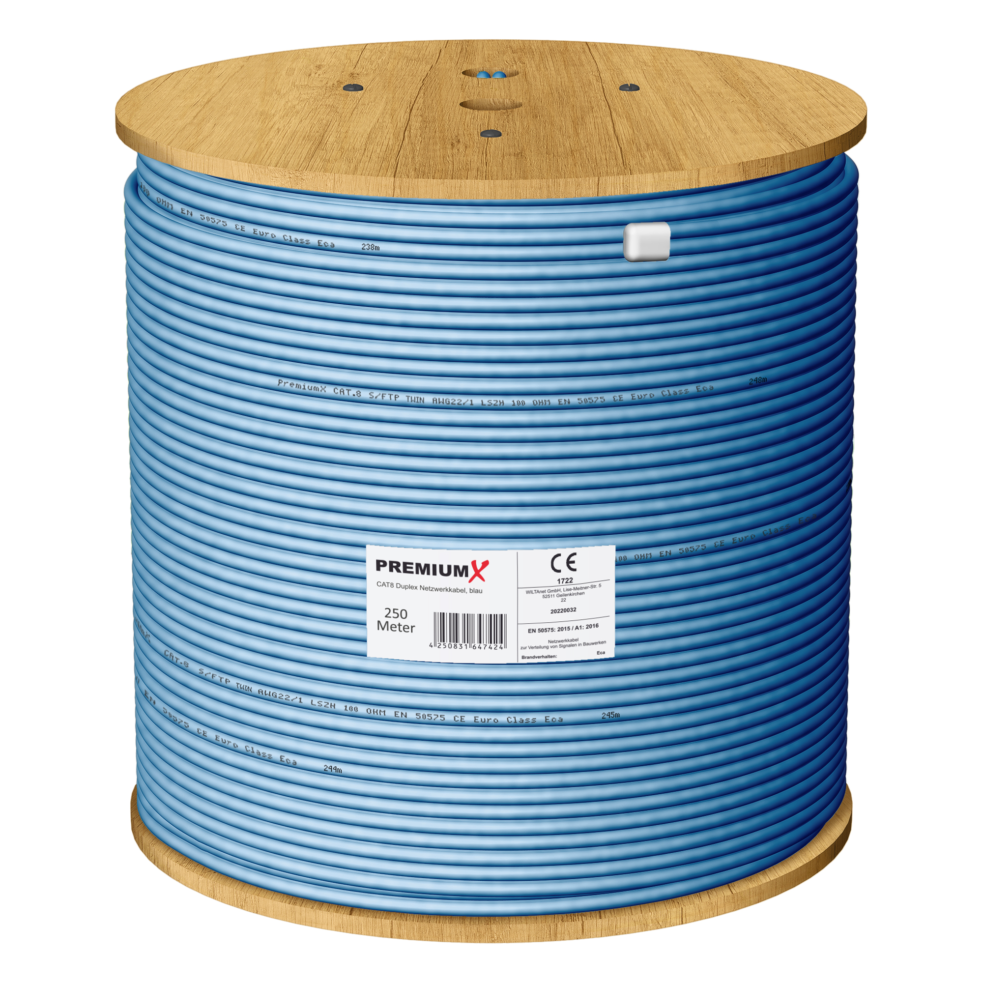 Eine blaue Kabelrolle auf weißem Hintergrund.
