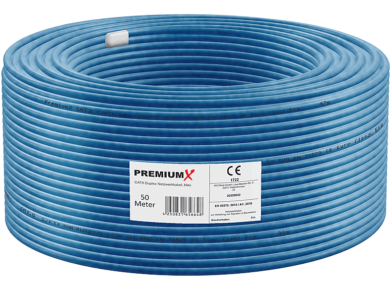 Premium X 50m CAT 8 Installation Cable | 40Gbit 2000MHz | S/FTP PIMF AWG22 Pure Copper | Eca LSZH FRNC Halogen Free | Professional LAN Network Cable Duplex