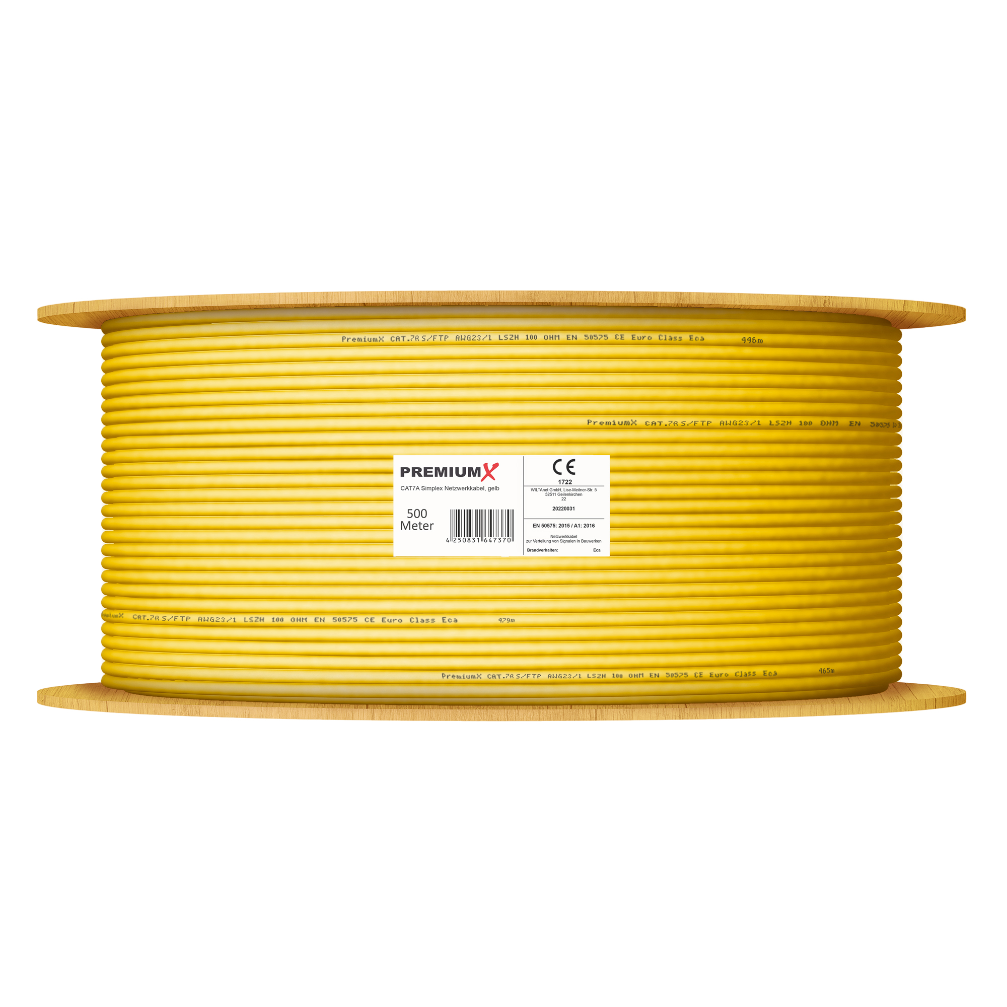 Gelbes Kabel auf einer Holzspule. Ein Etikett zeigt technische Informationen.