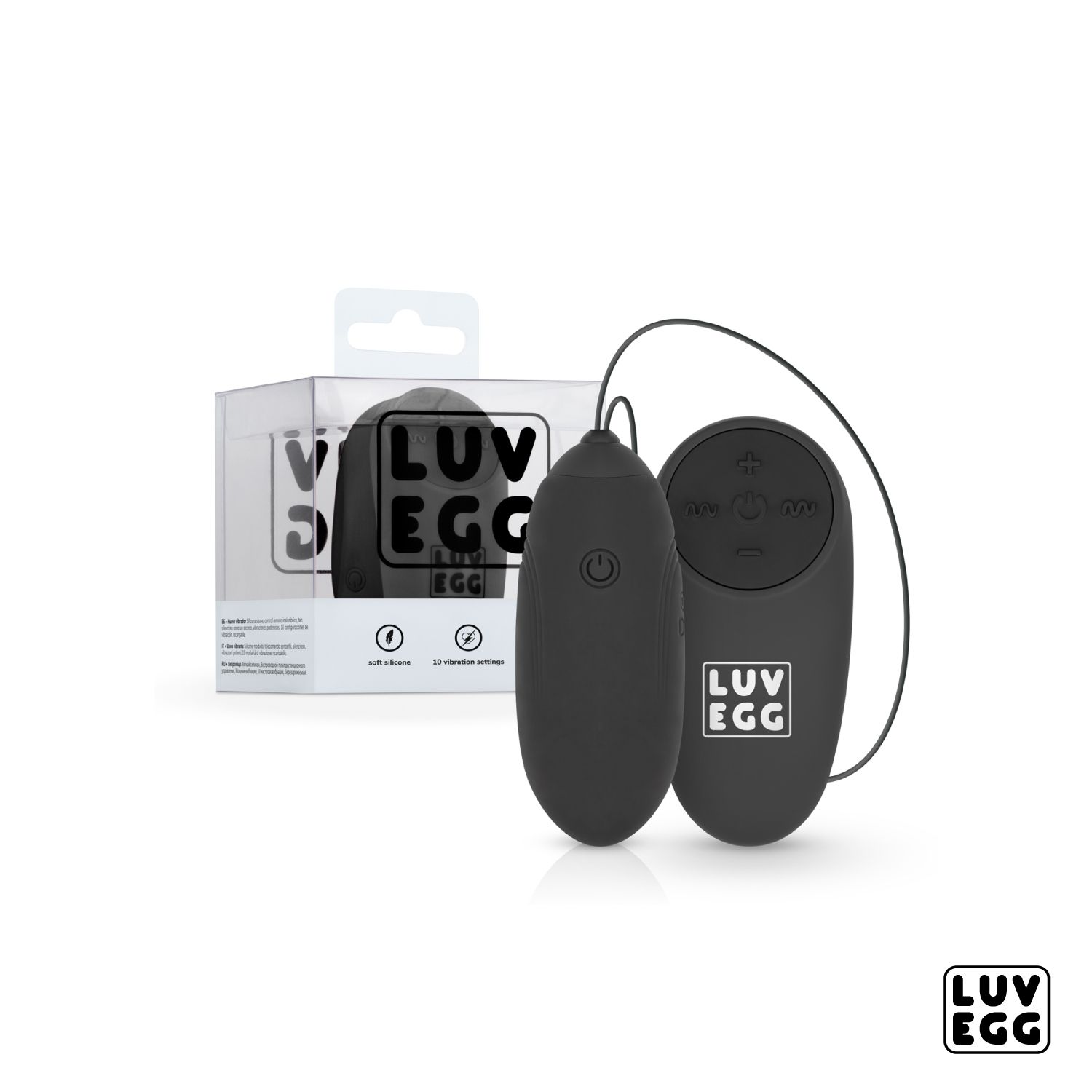 Schwarzes LUV EGG, ein Vibrator, mit Fernbedienung. Produkt in transparenter Box.