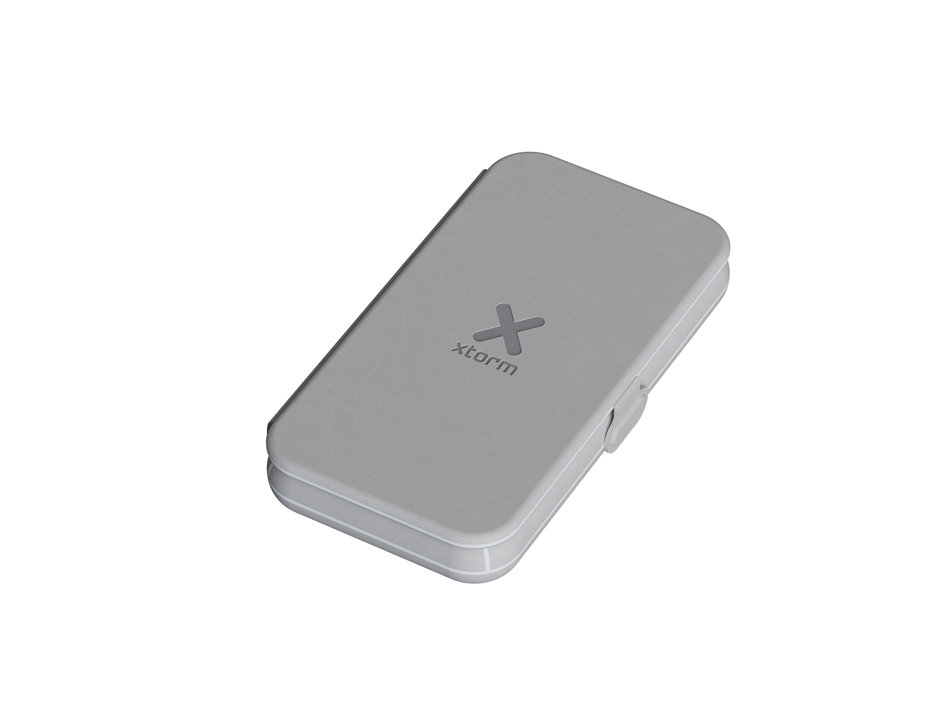 Graue X-storm Powerbank auf schwarzem Hintergrund.