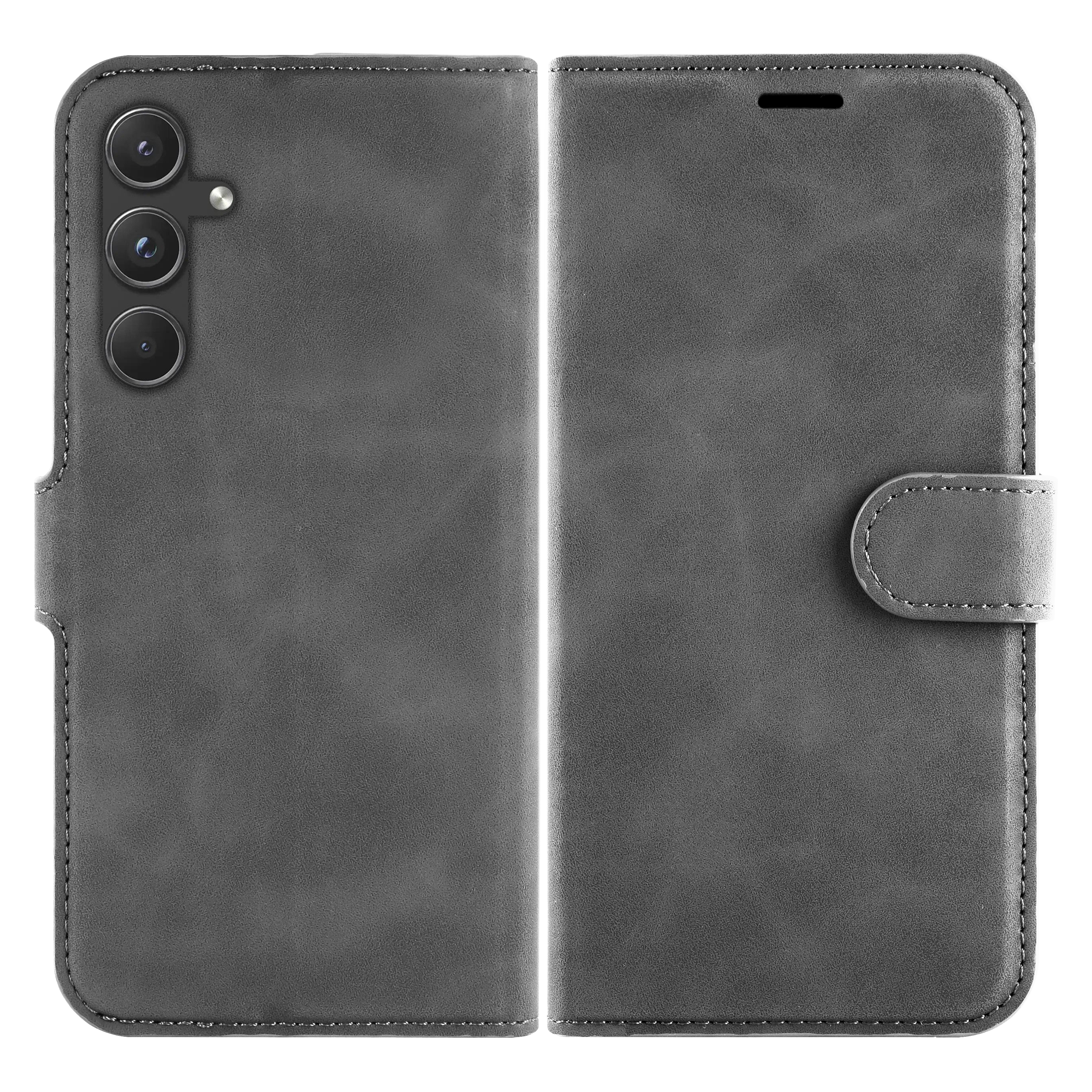 Eine graue Leder-Handyhülle, geöffnet und geschlossen, zeigt das Handy-Design.
