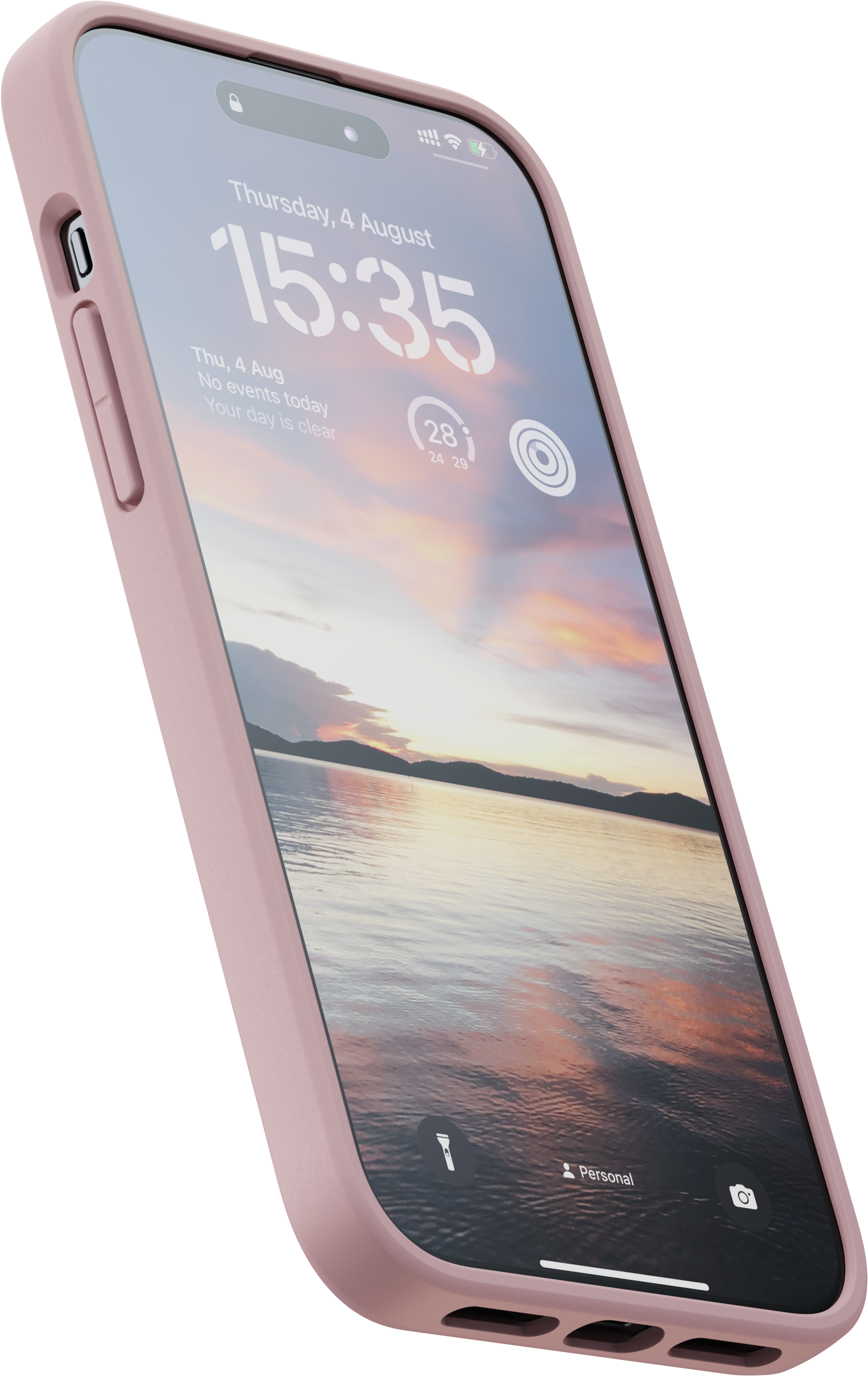 Telefono rosa in una custodia, mostra una spiaggia e un tramonto sullo schermo. L'ora è 15:35.