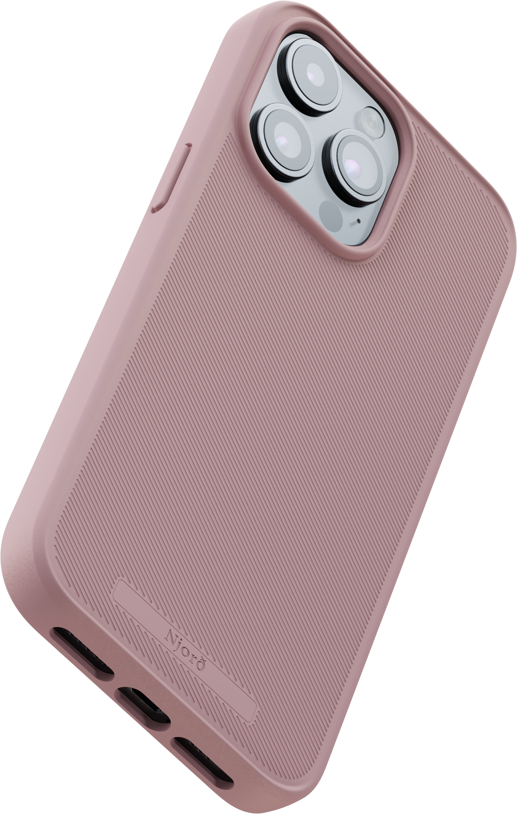 Primo piano di una custodia per telefono rosa con retro strutturato e sporgenza della fotocamera.