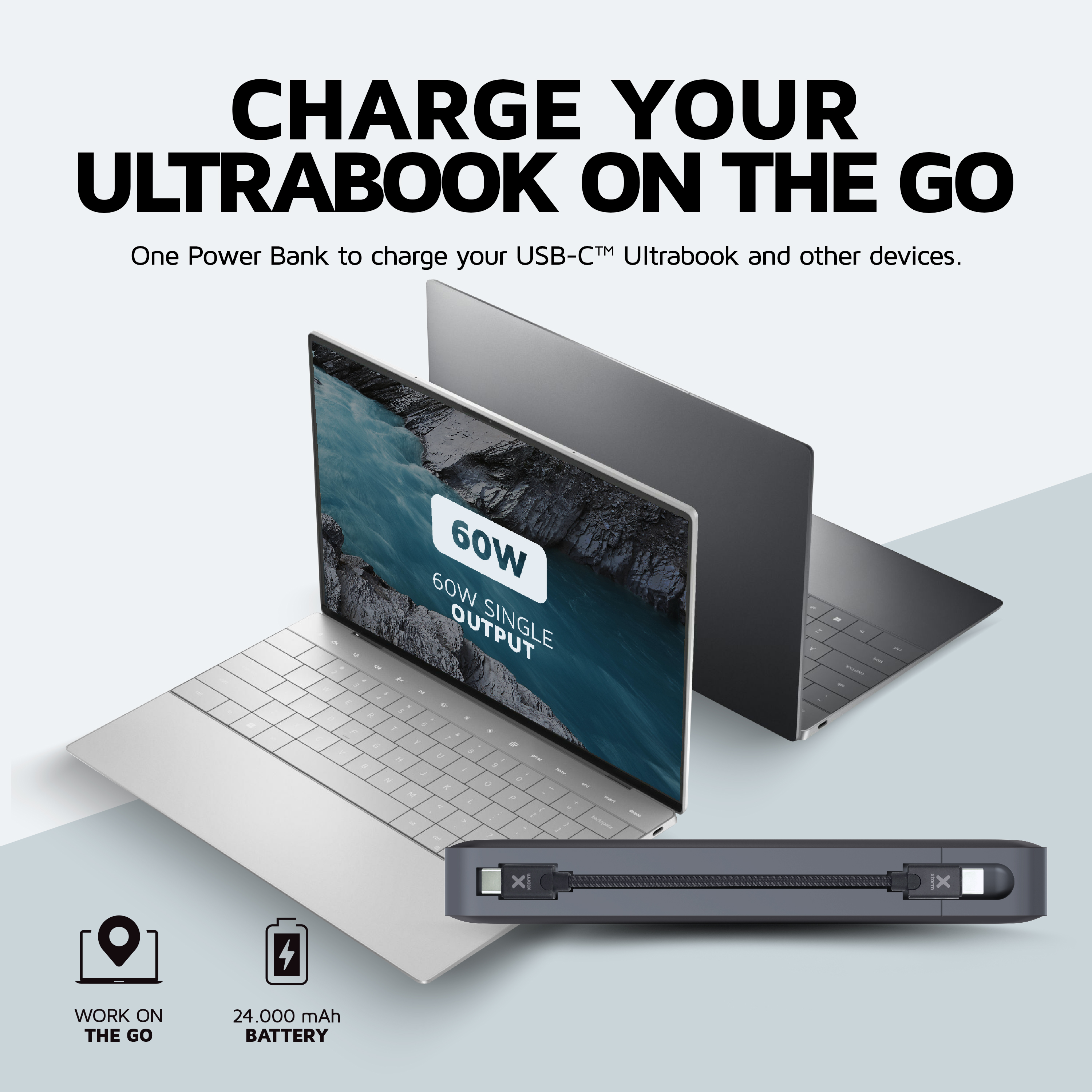 Ultrabooks mit Powerbank und Text: Laden Sie Ihr Ultrabook unterwegs auf. Batterie- und Arbeits-Icons vorhanden.