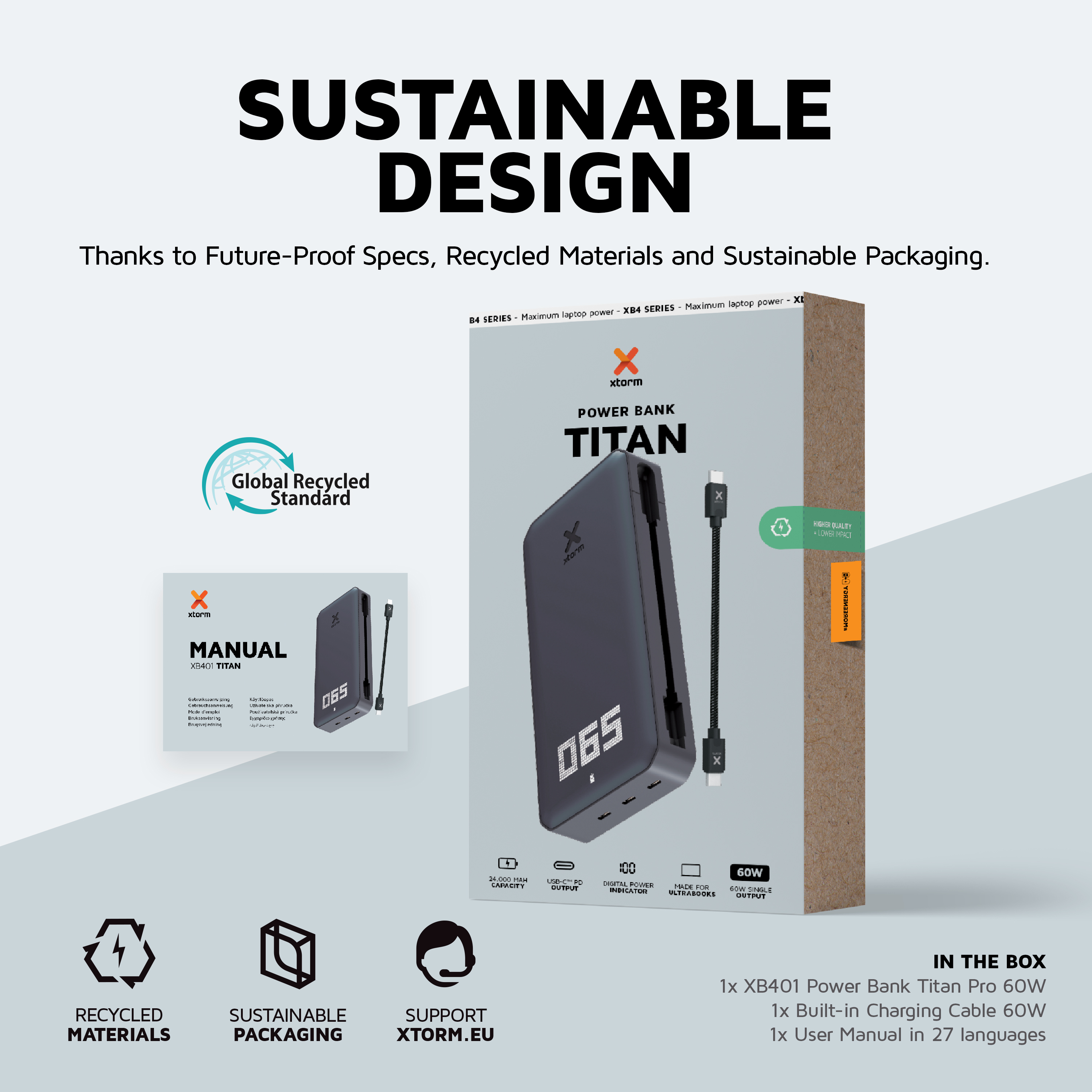 Box mit Powerbank, Text 'Sustainable Design' und Logos für recycelte Materialien und nachhaltige Verpackung.
