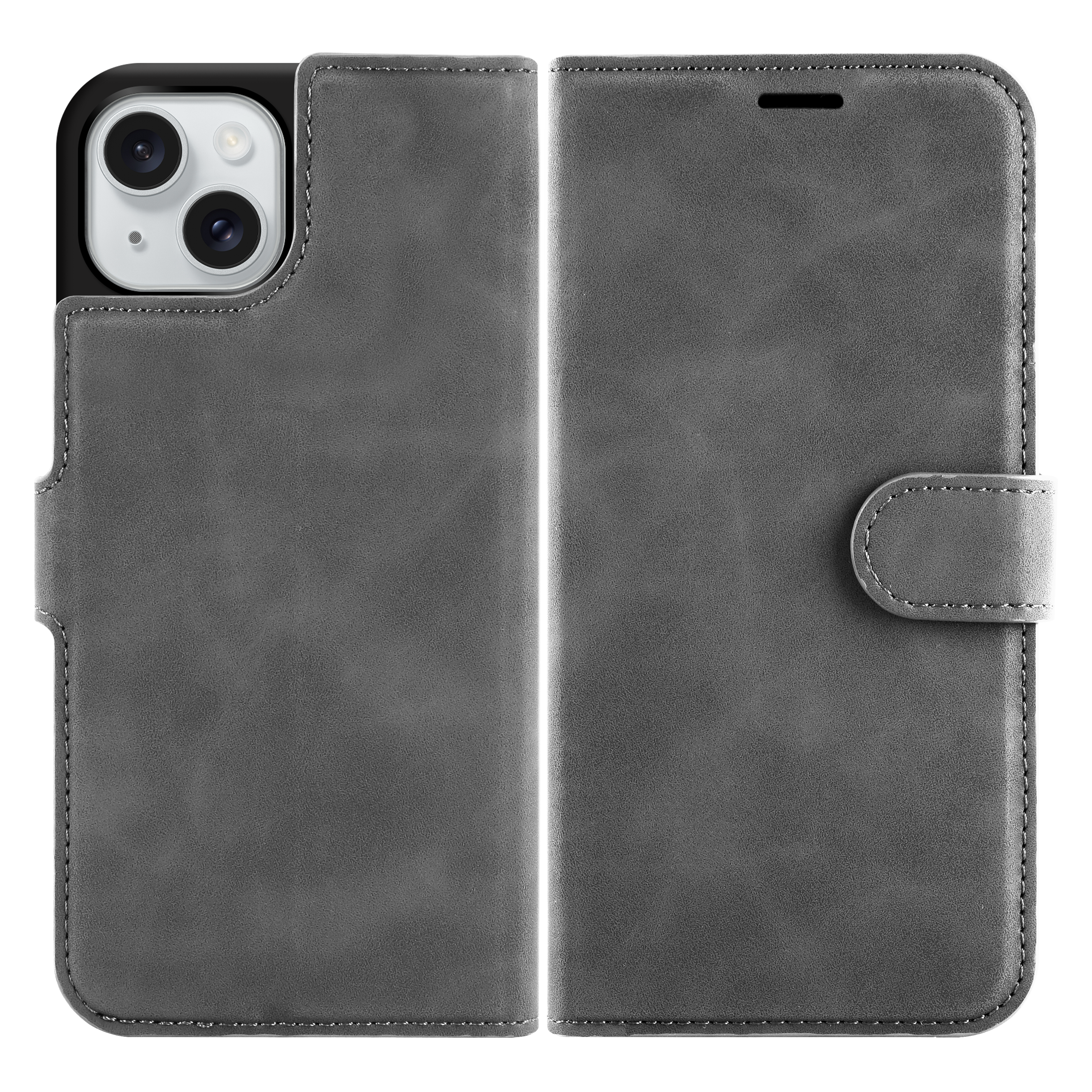 Eine graue Handyhülle geöffnet, die ein schwarzes Handy zeigt. Die Hülle hat einen Knopfverschluss.