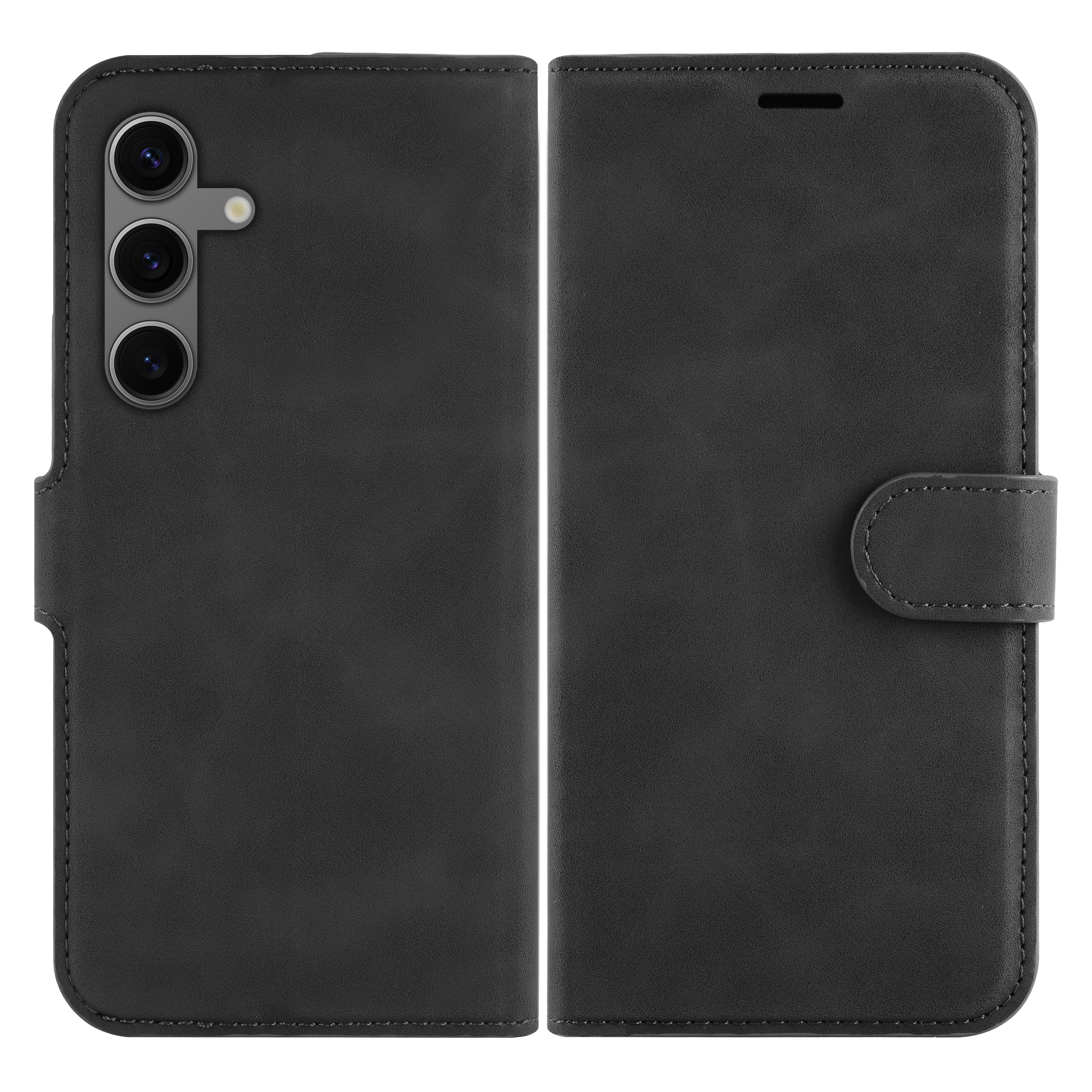 Schwarze Handyhülle, geschlossen und offen, mit Nähten, für ein Smartphone. Lederartige Textur.