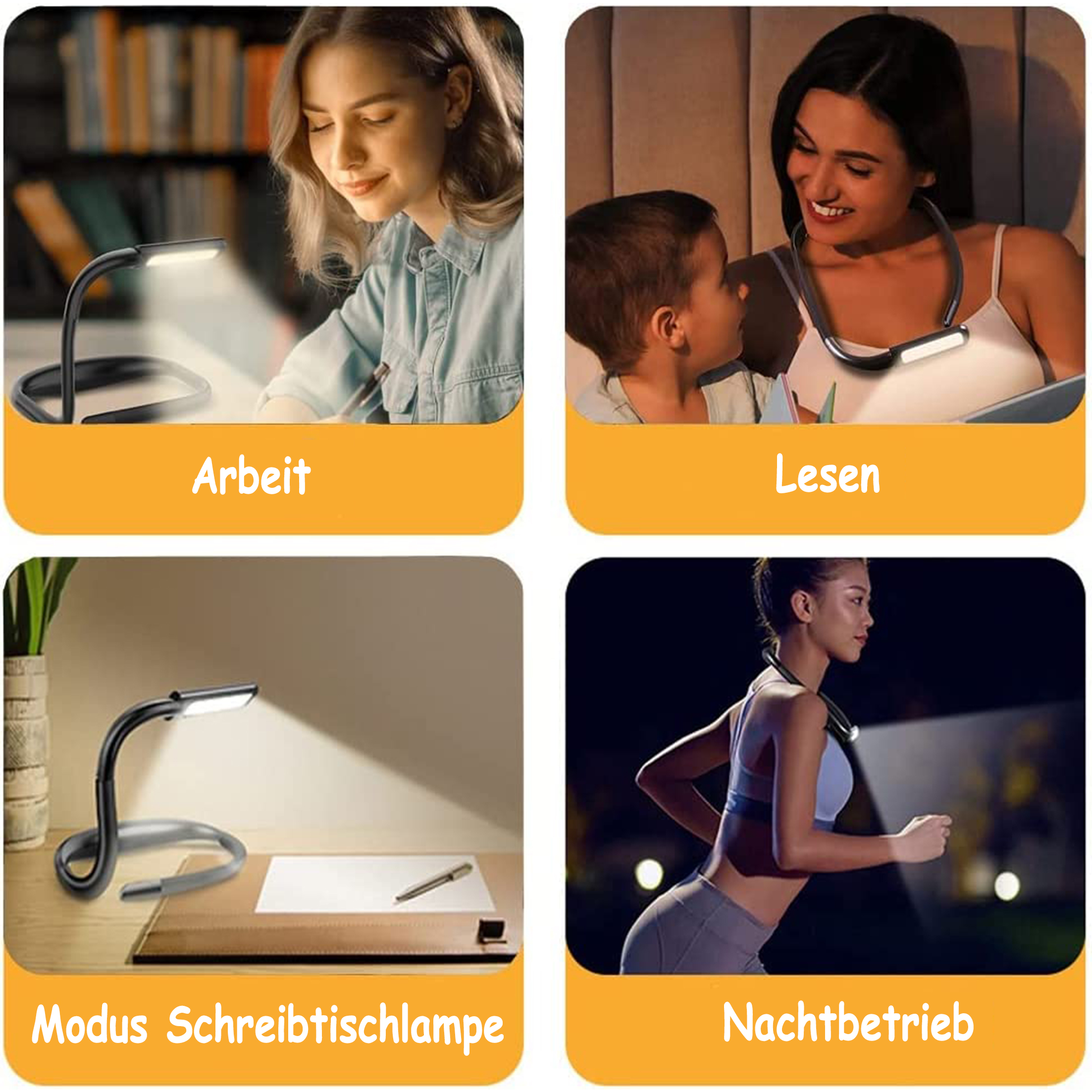 Vier Bilder, die eine flexible Schreibtischlampe in Gebrauch zeigen. Aktivitäten umfassen Lesen und Arbeiten.
