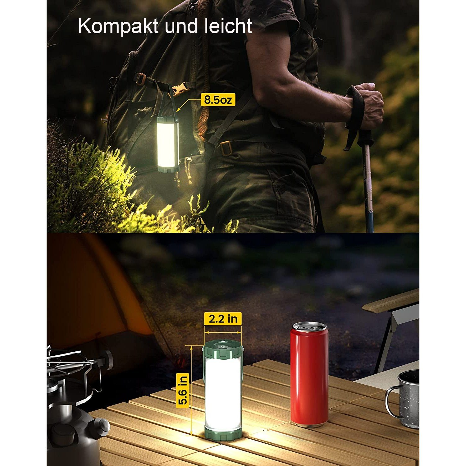 Eine Person mit Rucksack hält eine weiße Laterne im Wald. Eine weitere Laterne am Boden.