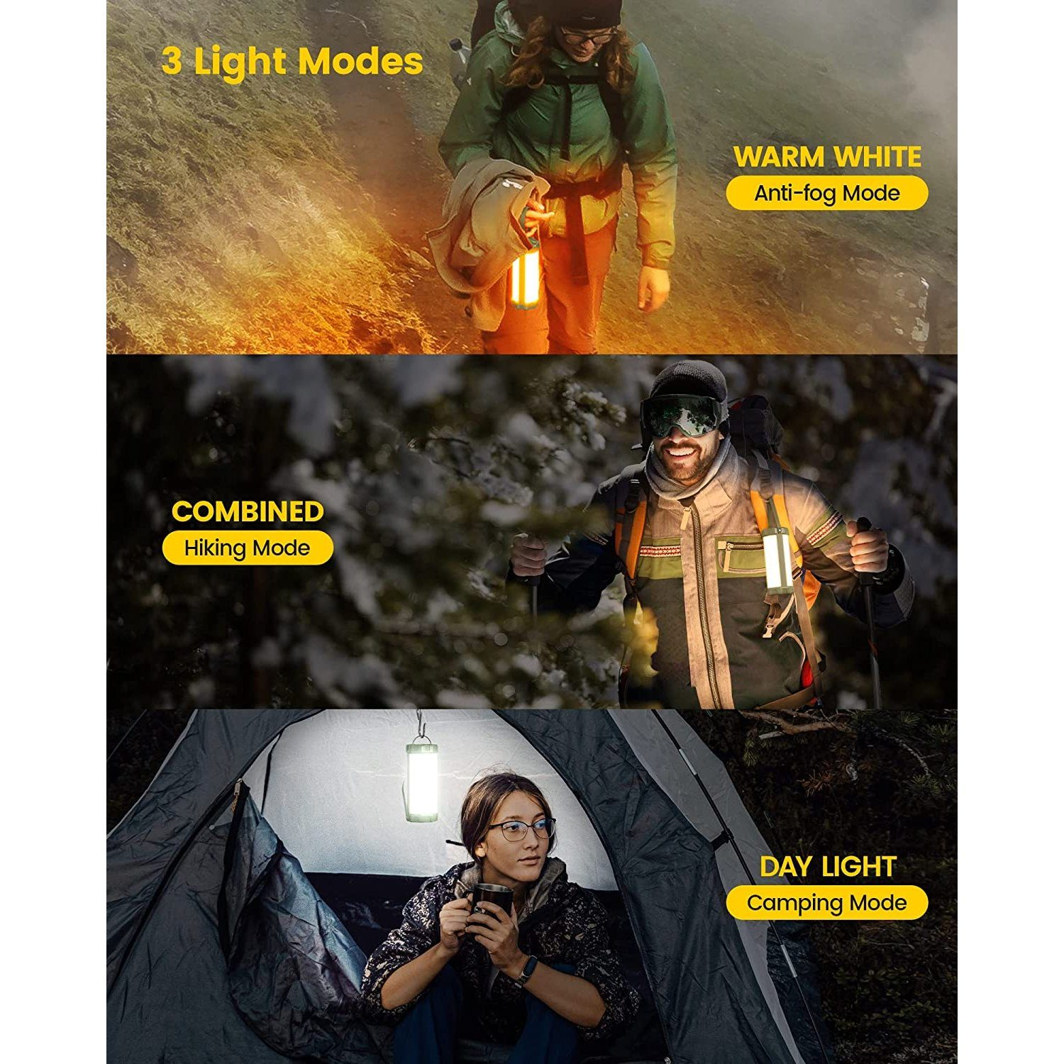 Drei Bilder, die eine Laterne in verschiedenen Lichtmodi zeigen: warmweiß, kombiniert und Tageslicht.