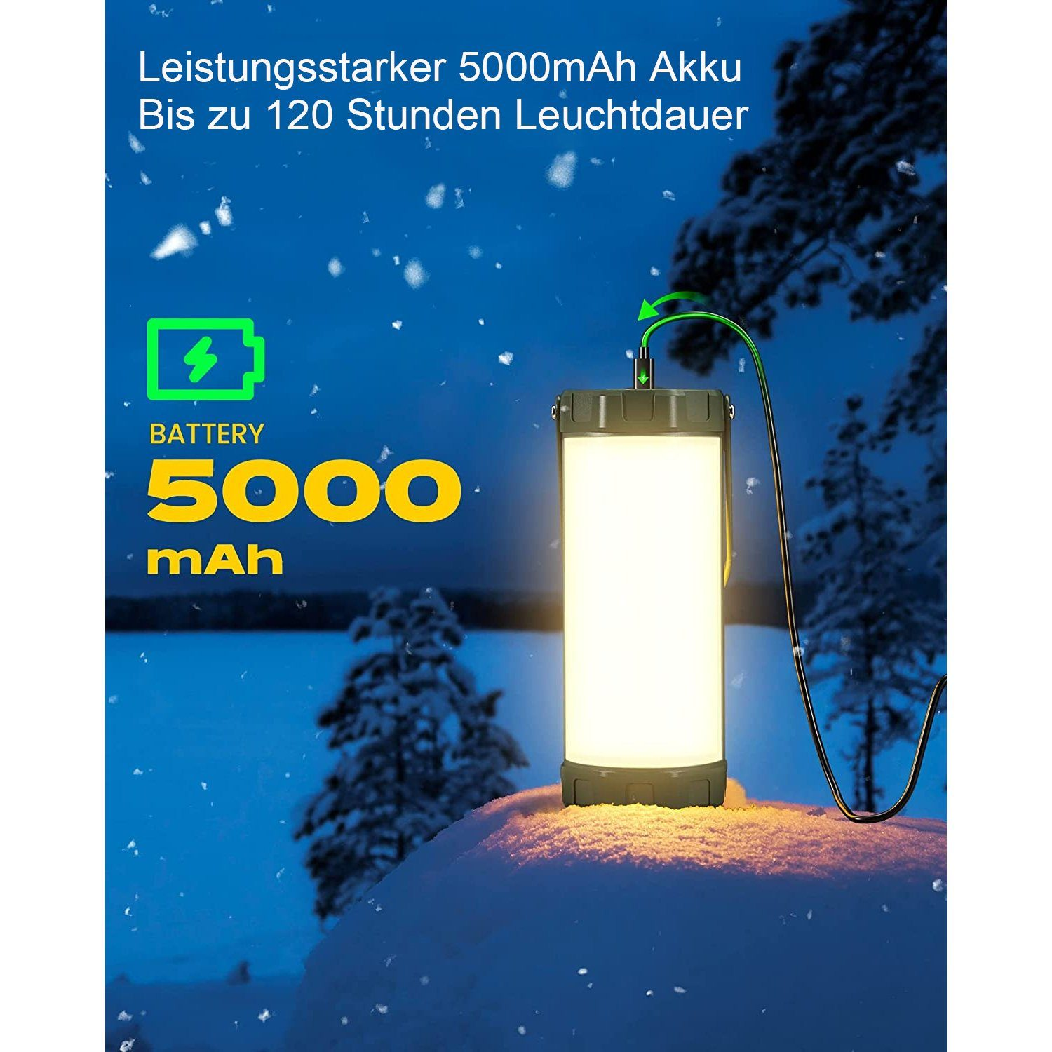 Eine grüne und graue Campinglaterne mit schneebedecktem Hintergrund. Text über die Batterie.