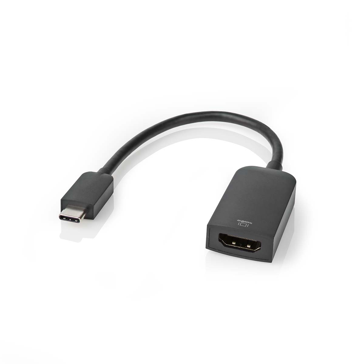 Schwarzes USB-C-auf-HDMI-Adapterkabel auf weißem Hintergrund.
