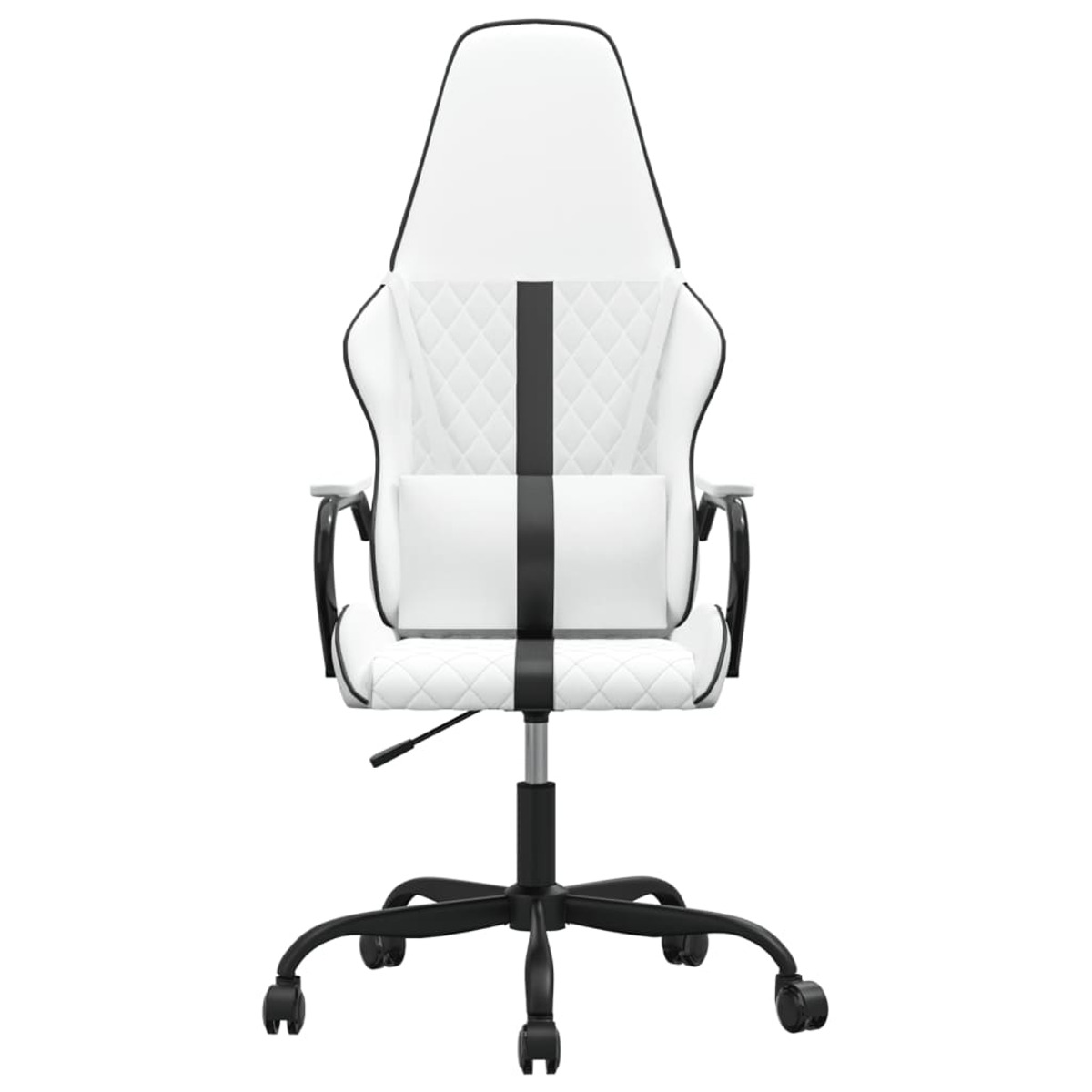 Weißer Gaming-Stuhl. Der Rücken hat einen schwarzen Streifen. Der Stuhl hat ein Lordosenstützkissen.