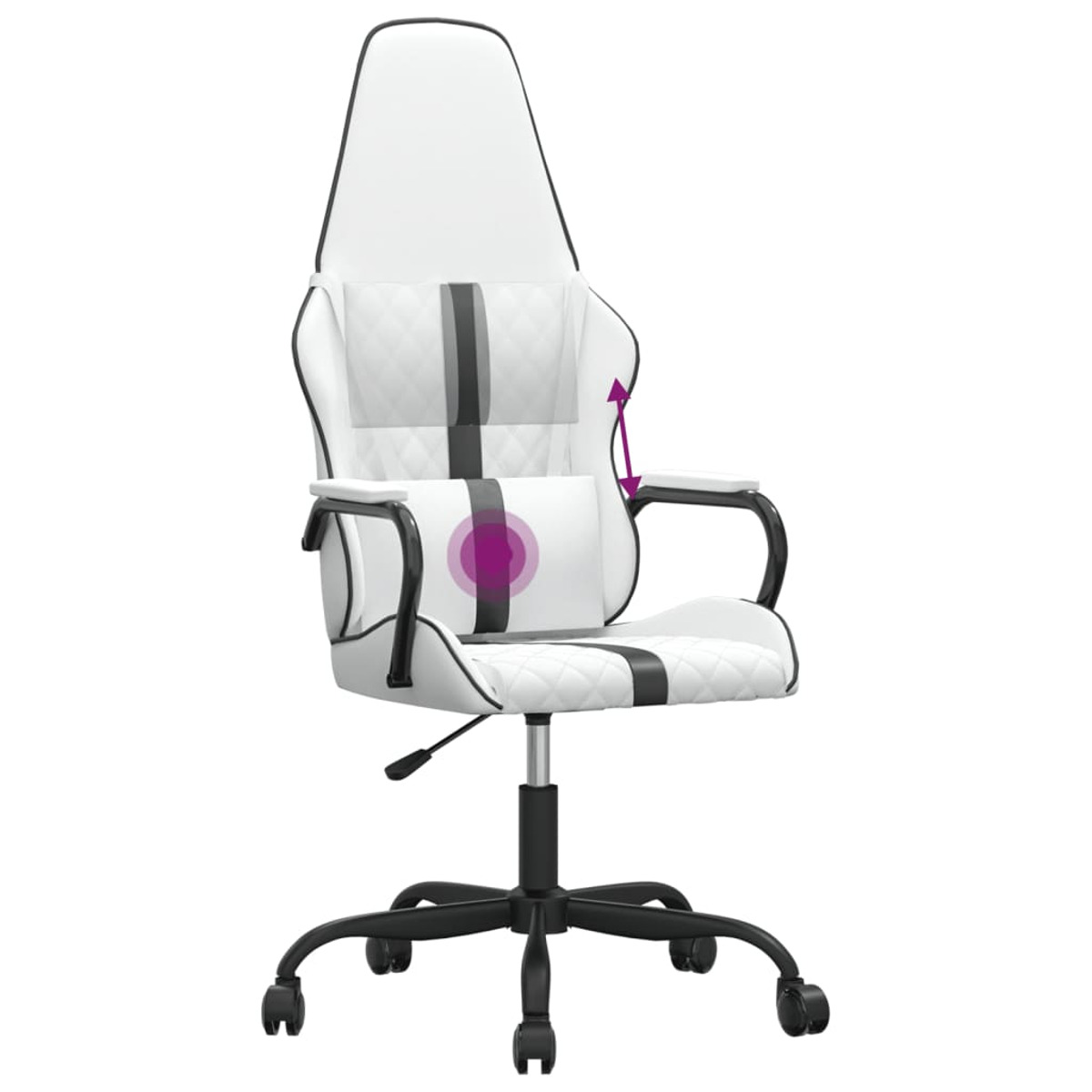 Weiß-schwarzer Gaming-Stuhl mit verstellbarer Rückenlehne und Armlehnen.