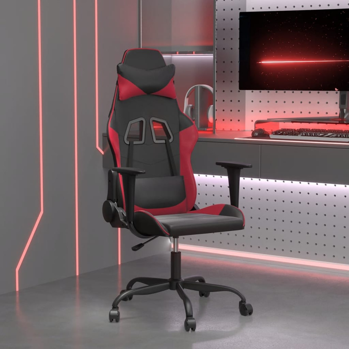 Ein roter und schwarzer Gaming-Stuhl in einem modernen Raum mit Neonbeleuchtung.