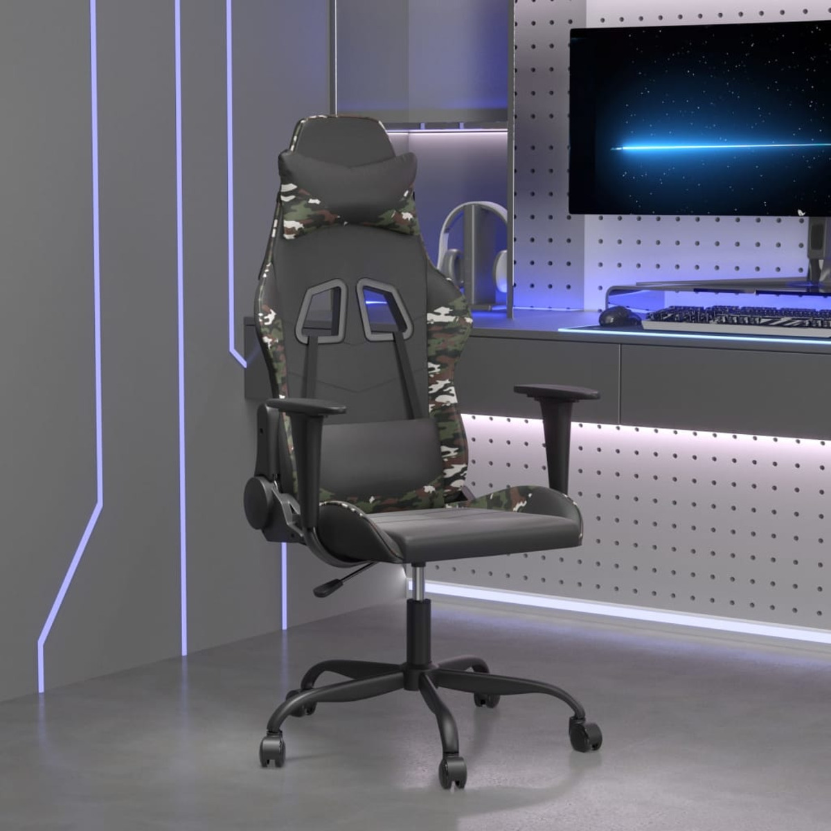 Ein Gaming-Stuhl im Tarnmuster, in einem Raum mit Neonlichtern und einem Bildschirm.
