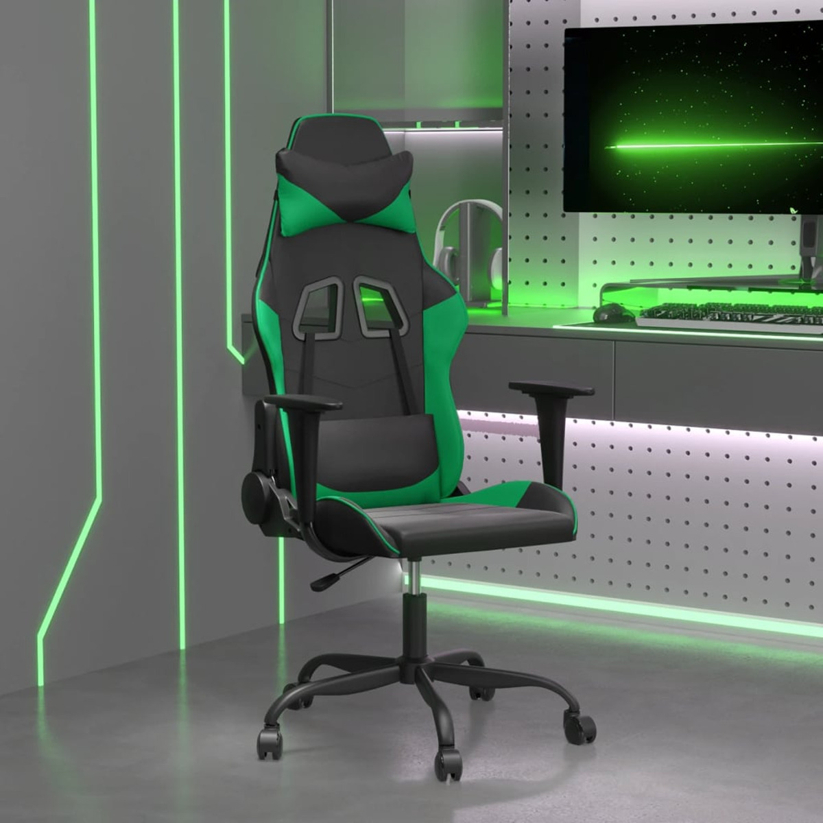 Ein schwarz-grüner Gaming-Stuhl in einem Raum mit grünen Lichtern.