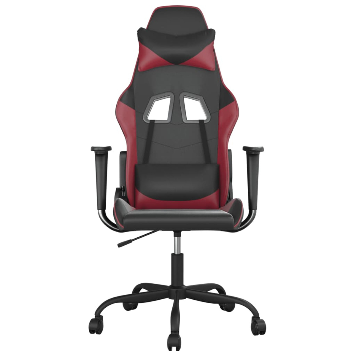 Roter und schwarzer Gaming-Stuhl mit schwarzem Untergestell. Vorderansicht, mit Armlehnen und Rollen.