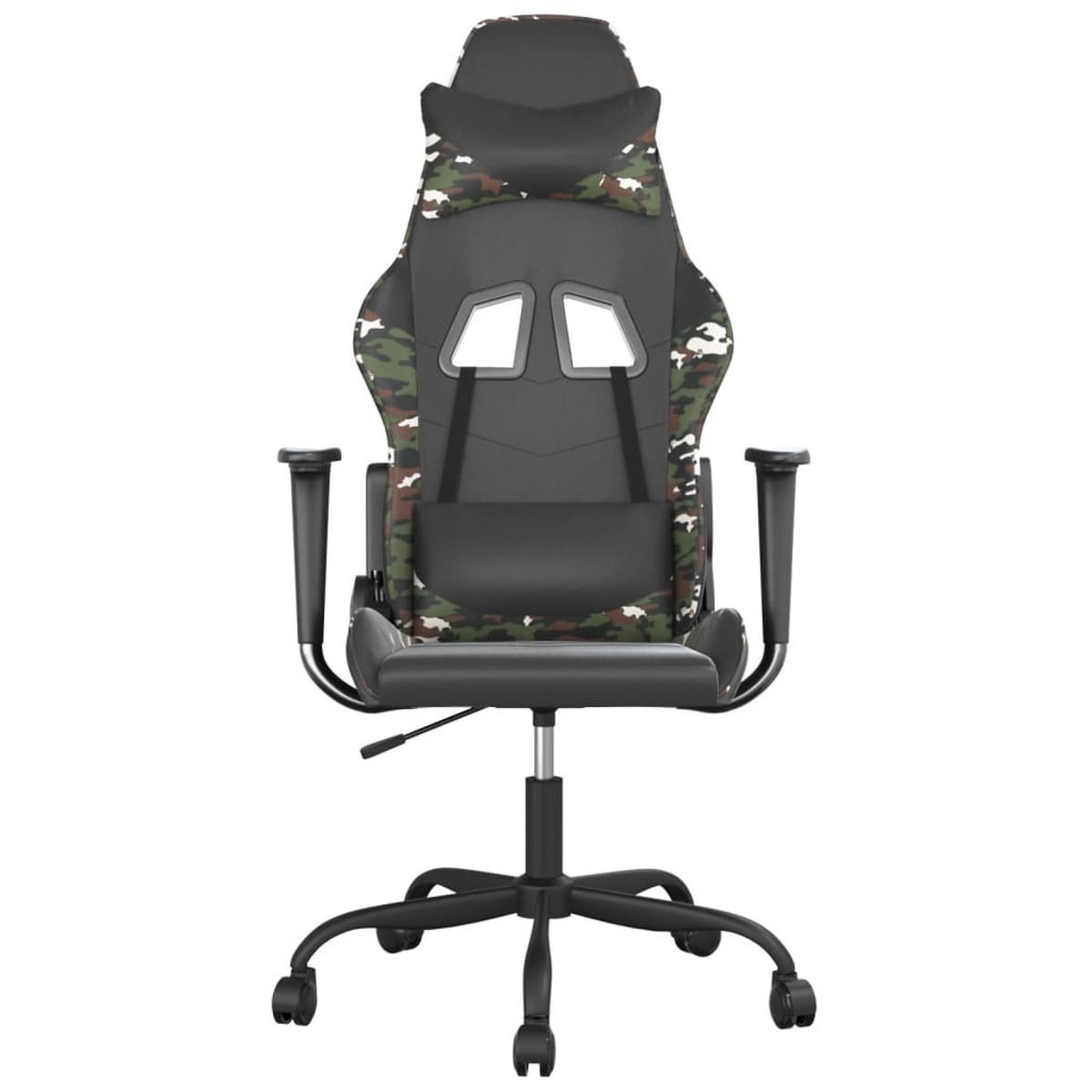 Gaming-Stuhl mit Tarnmuster auf Rücken und Sitz, schwarzem Gestell, weißer Hintergrund.