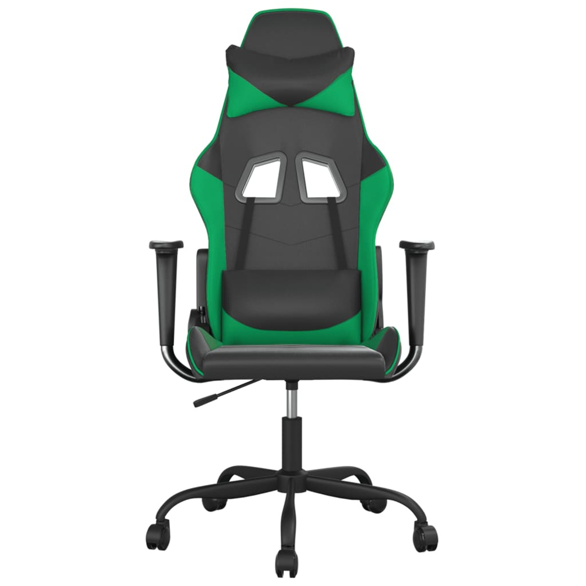 Grüner und schwarzer Gaming-Stuhl. Er hat eine Kopfstütze und Armlehnen. Er steht auf Rädern.