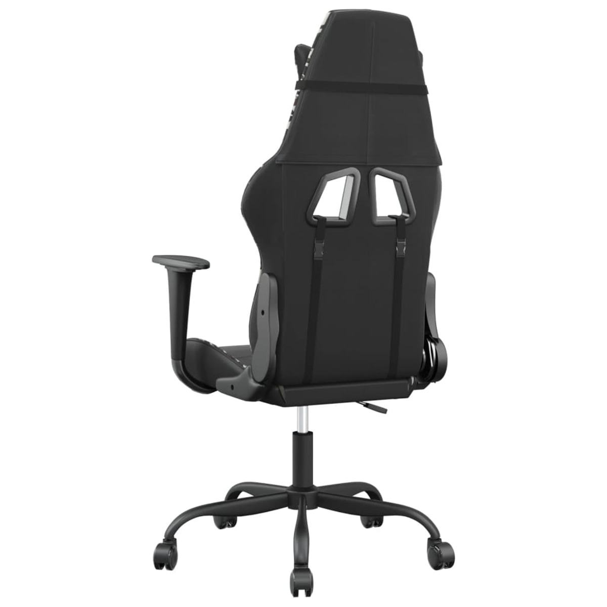 Schwarzer Gaming-Stuhl, Rückansicht. Hat schwarzen Sitz, Rückenlehne und Armlehnen. Silberner Rahmen.