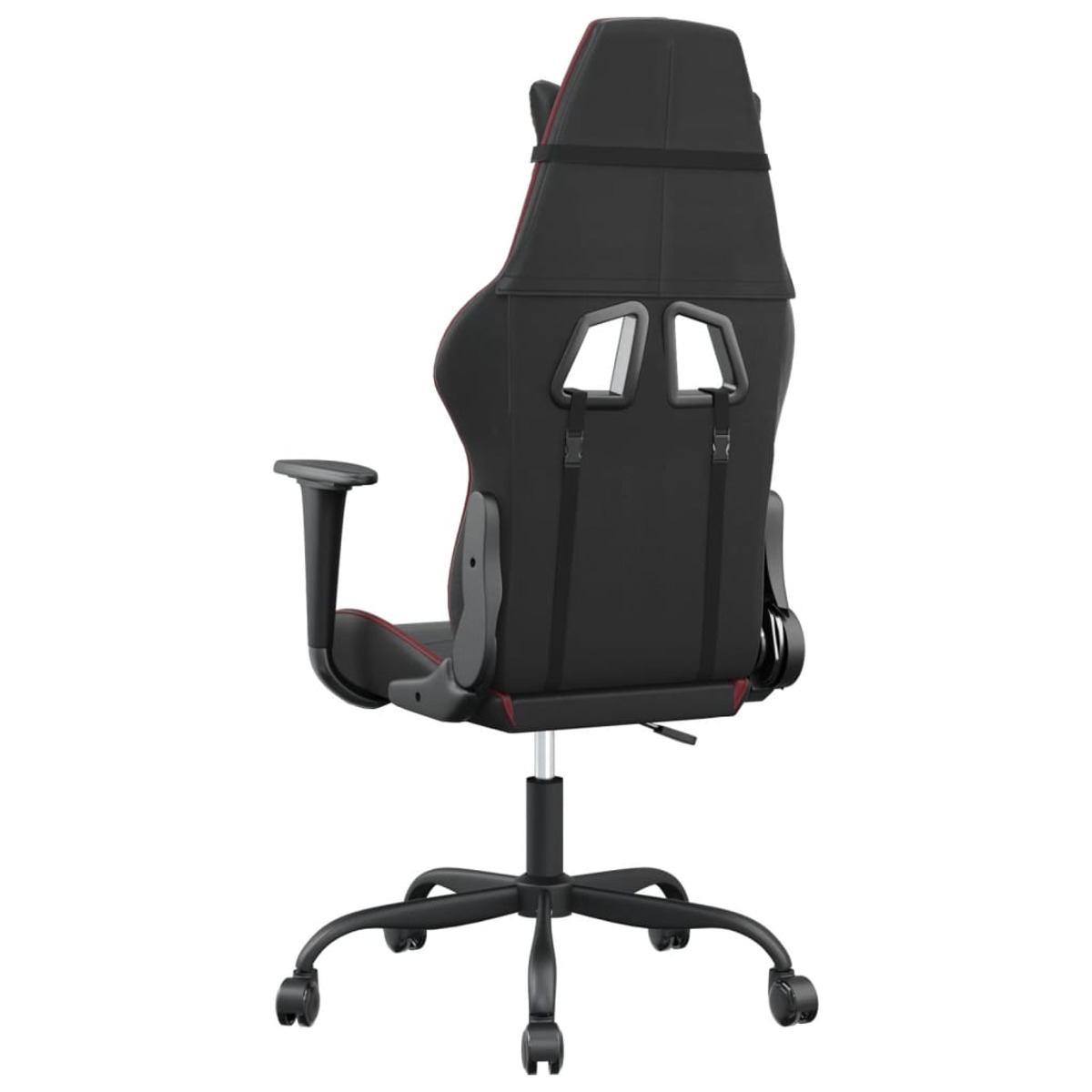 Rückansicht eines schwarzen Gaming-Stuhls. Der Stuhl hat rote Akzente, Armlehnen und ein schwarzes Gestell mit Rädern.