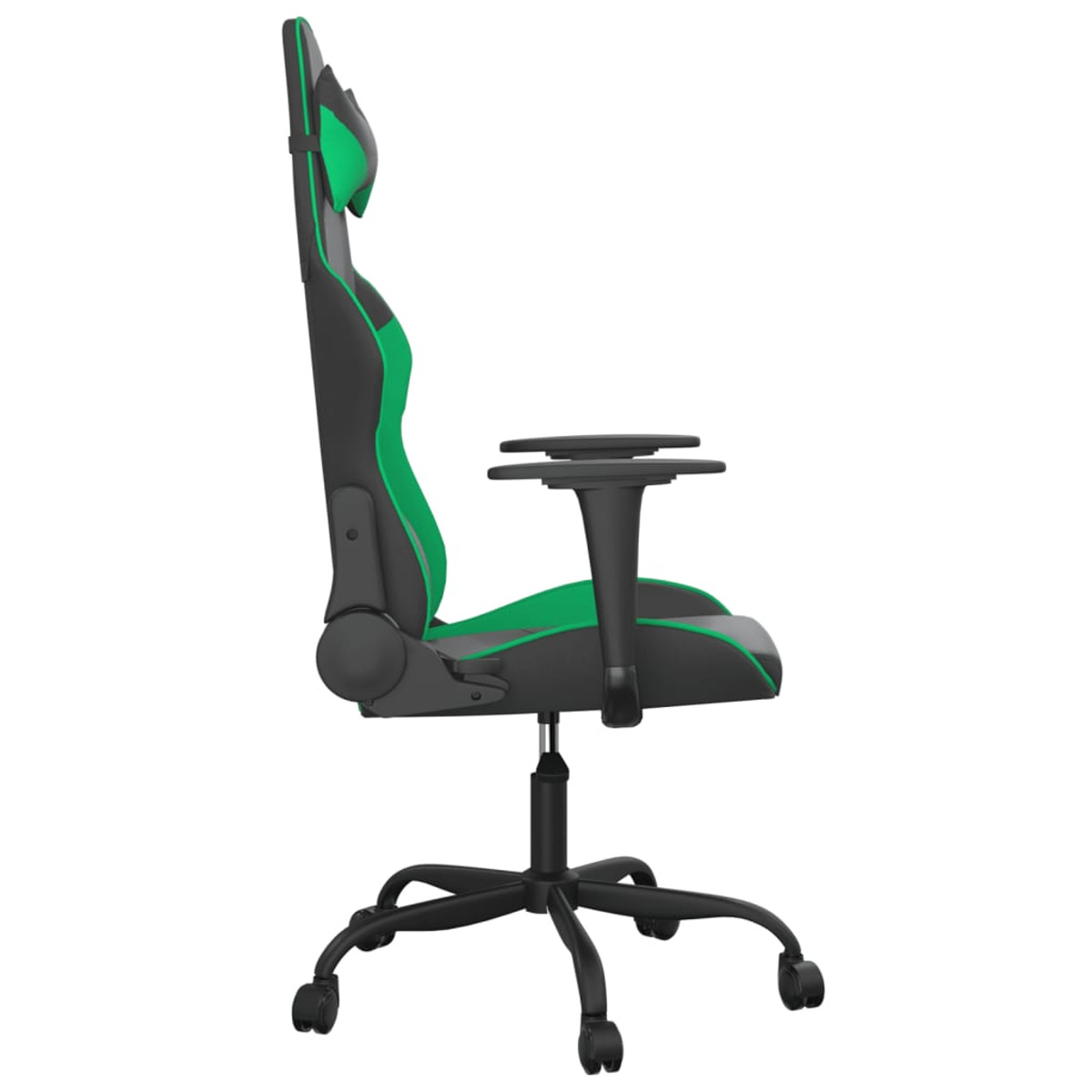 Ein Gaming-Stuhl, schwarz mit grünen Akzenten. Der Hintergrund ist weiß.