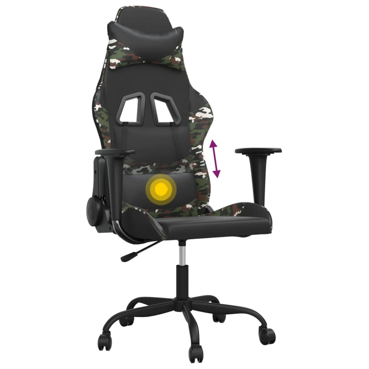 Gaming-Stuhl mit Camouflage-Design, verstellbarem Rücken und schwarzer Basis.