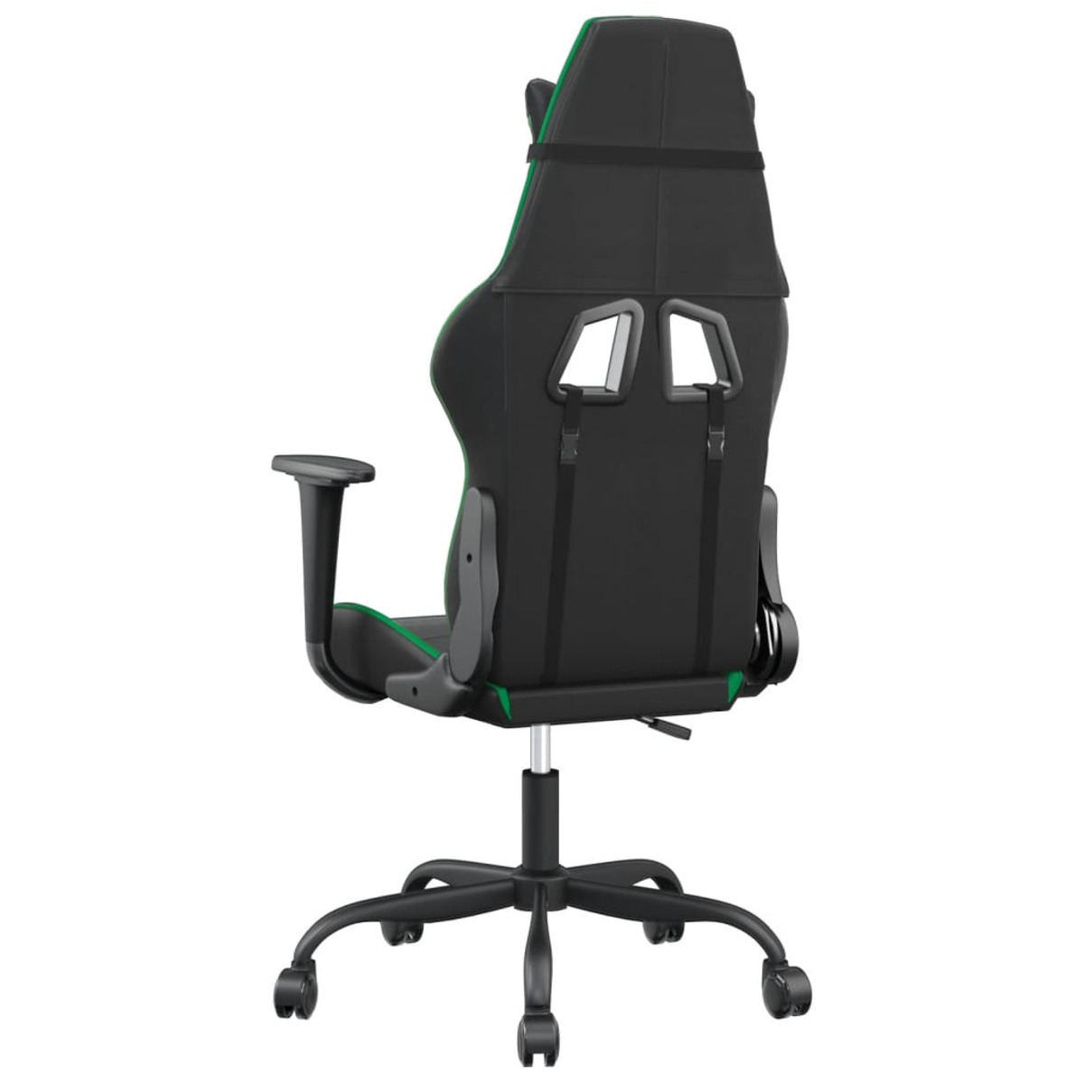 Rückansicht eines schwarzen Gaming-Stuhls mit grünen Akzenten. Er hat eine Kopfstütze, Armlehnen und ein Fahrgestell.