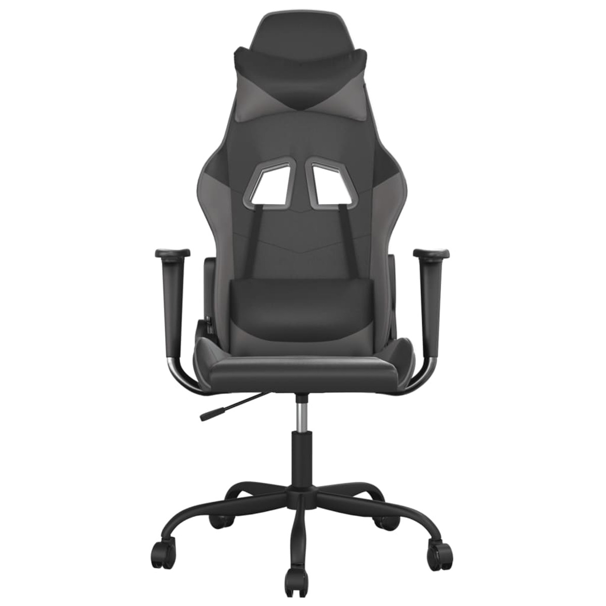 Ein schwarz-grauer Gaming-Stuhl mit Kopfstütze und Armlehnen, der in die Kamera blickt.