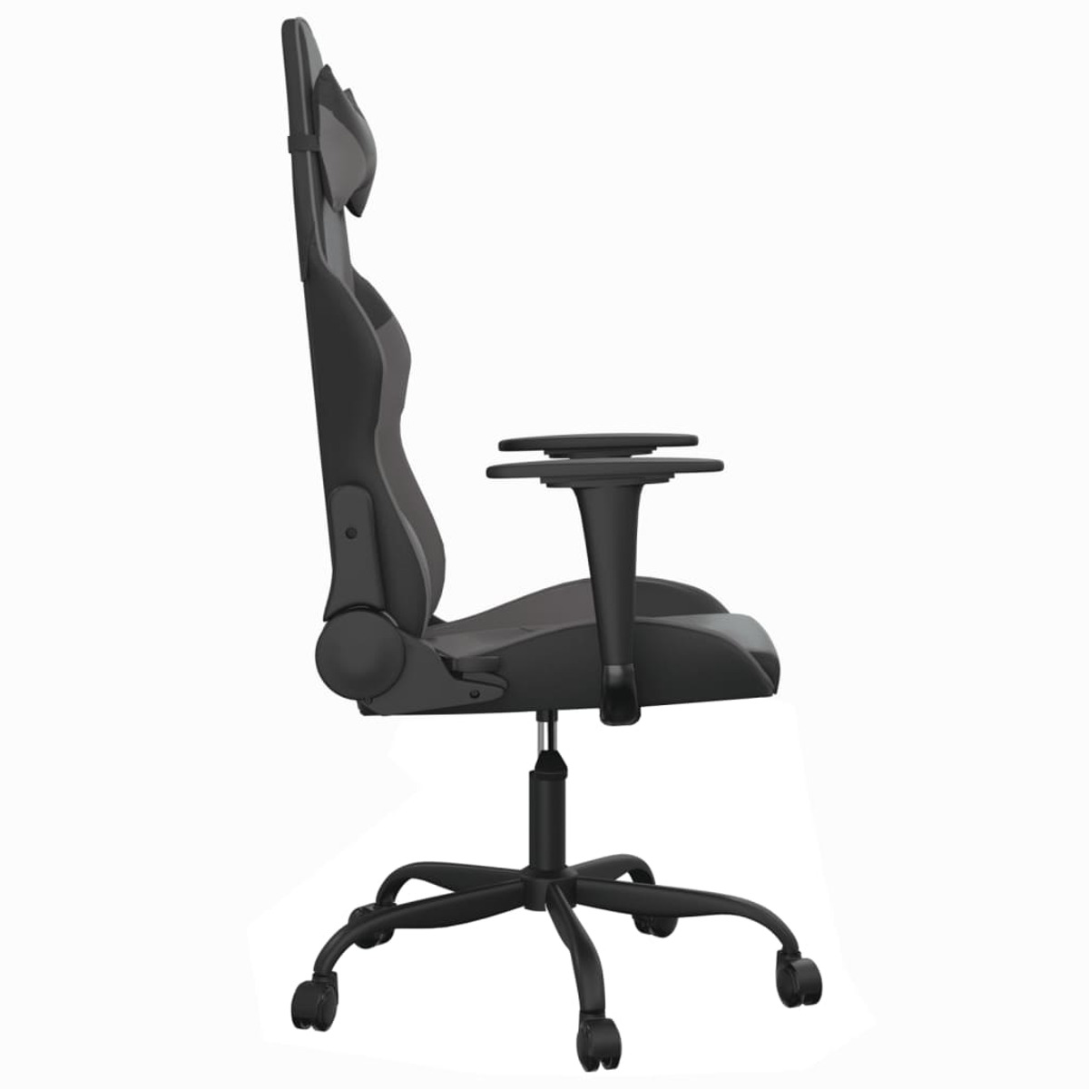 Schwarzer Gaming-Stuhl von der Seite, mit Kopfstütze, Armlehnen und Rollen.