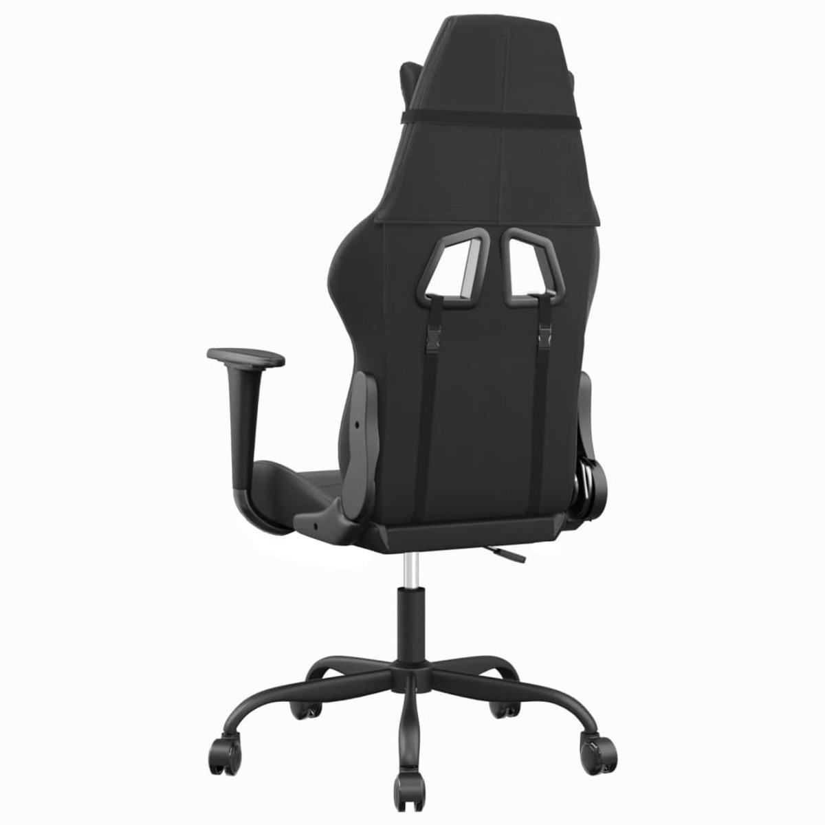 Rückansicht eines schwarzen Gaming-Stuhls auf weißem Hintergrund. Er hat Räder und einen hohen Rücken.