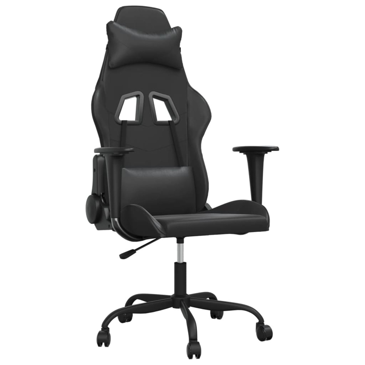 Ein schwarzer Gaming-Stuhl mit hohem Rücken, Kopfstütze, Armlehnen und Rollen auf weißem Hintergrund.