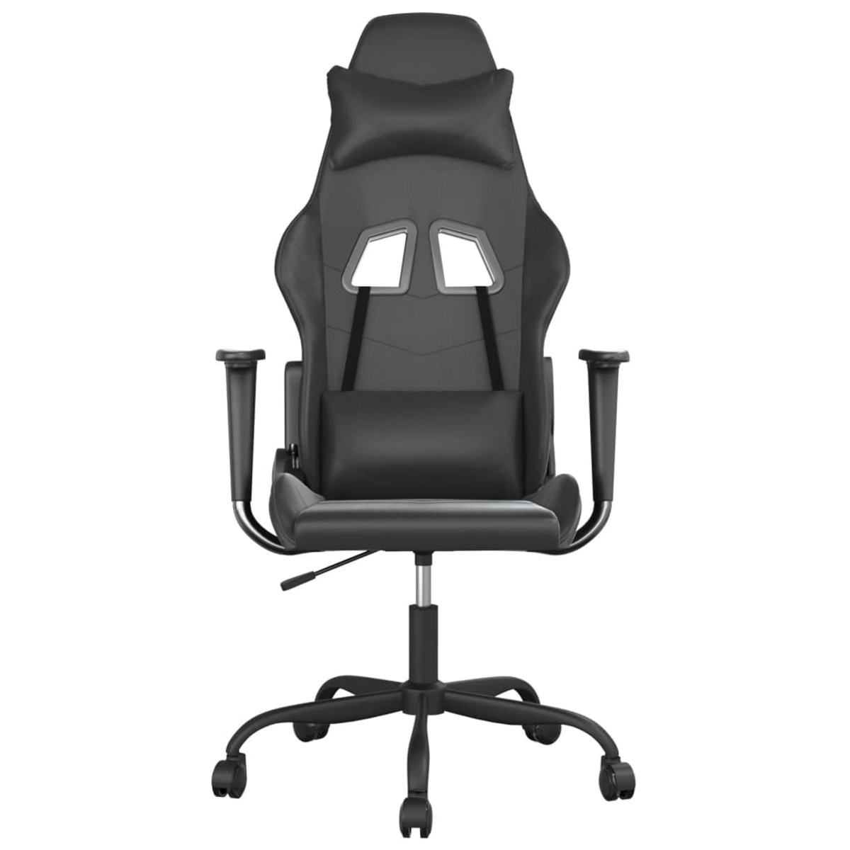 Schwarzer Gaming-Stuhl. Vorderansicht, mit Kopfstütze, Rückenlehne, Armlehnen und Rädern.