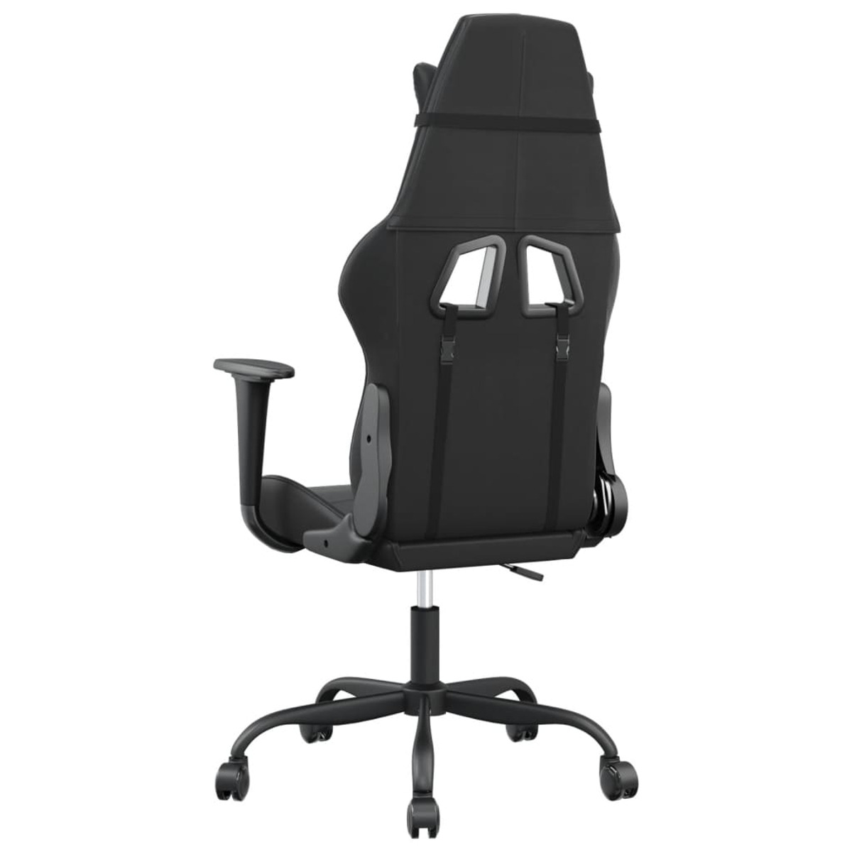 Ein schwarzer Gaming-Stuhl von hinten gesehen. Der Stuhl hat eine hohe Rückenlehne.