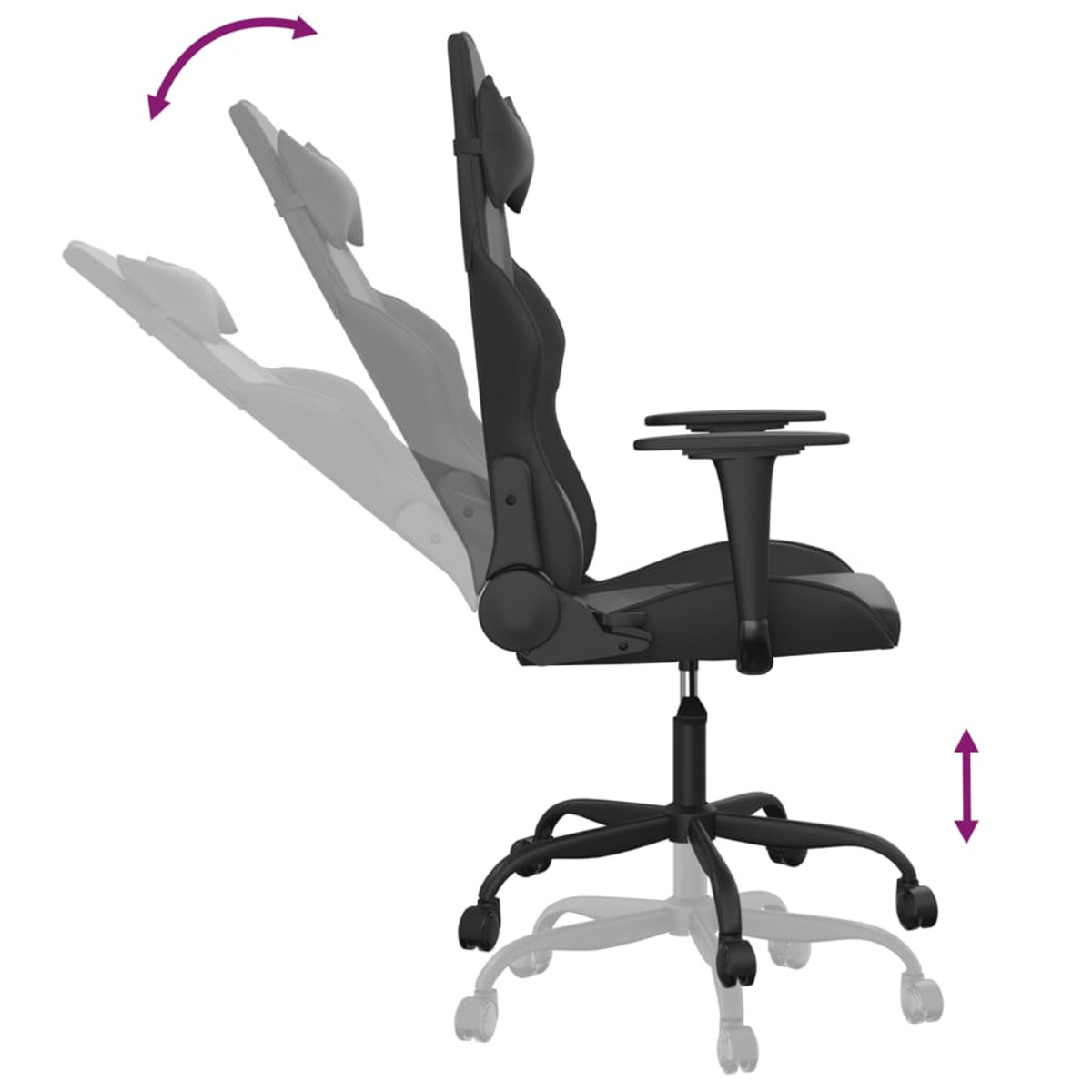 Schwarzer Gaming-Stuhl. Pfeile zeigen Verstellung an: Rückenlehnenwinkel und Höhe. Weißer Hintergrund.