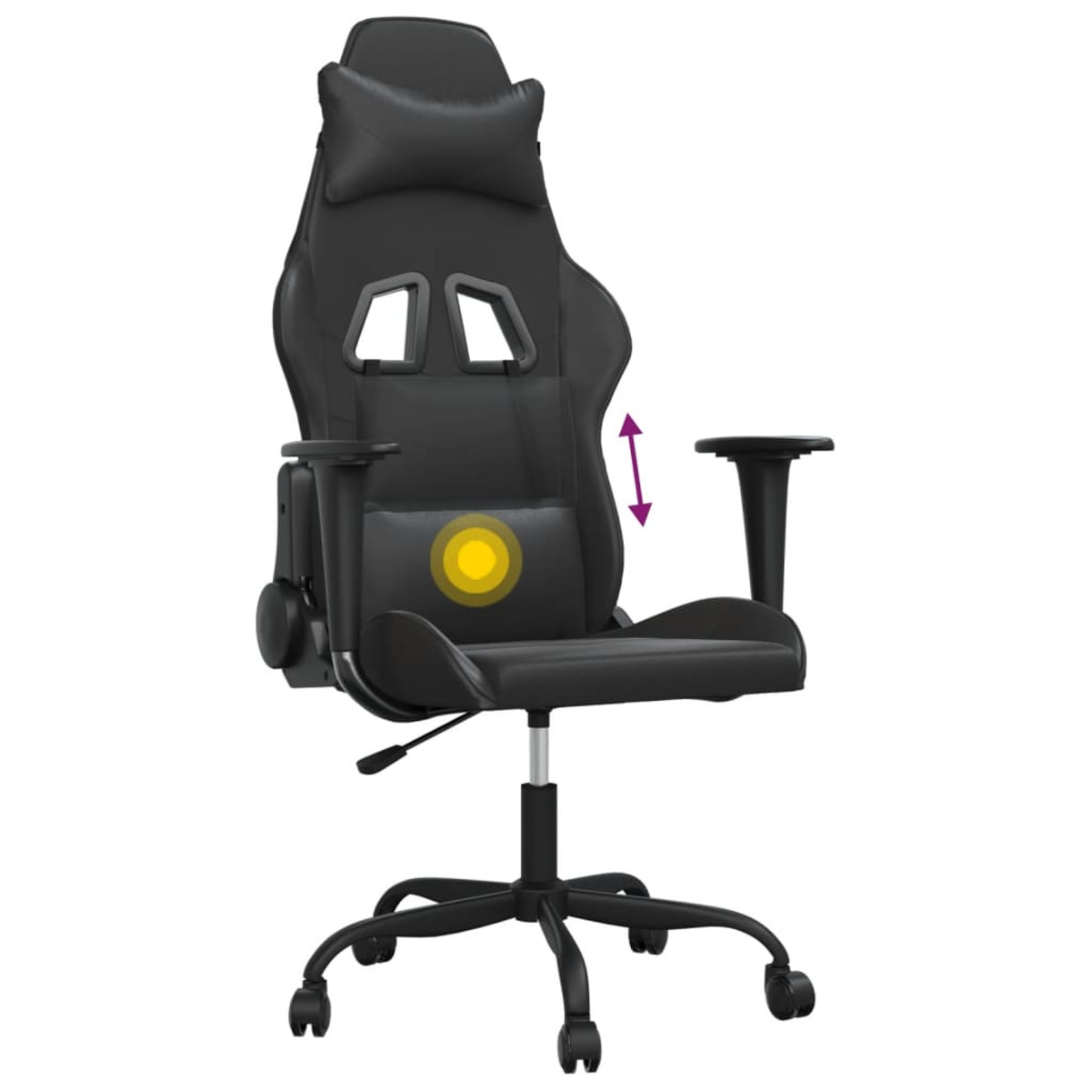 Ein schwarzer Gaming-Stuhl mit verstellbarer Rückenlehne und Lendenwirbelstütze, mit Pfeil hervorgehoben.