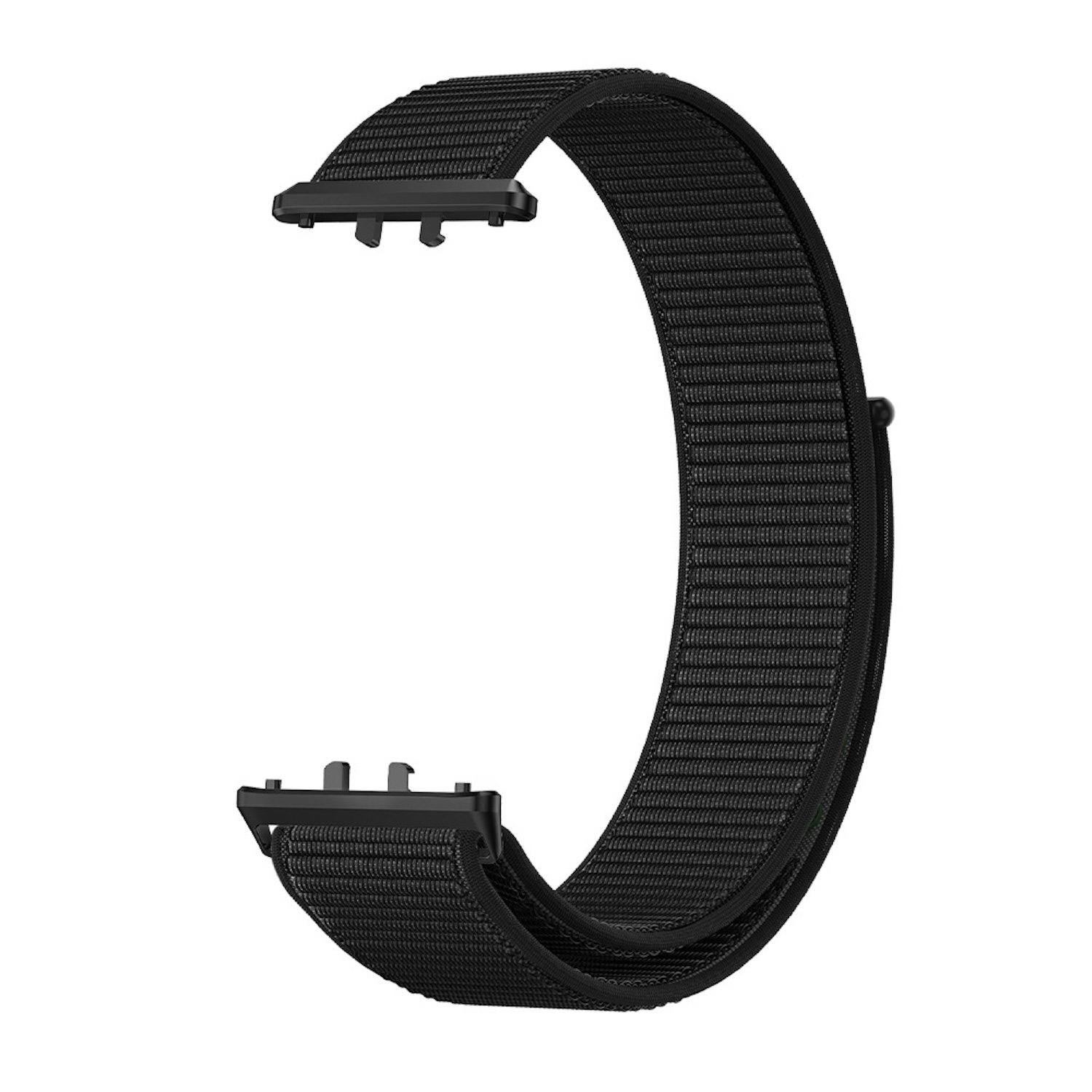 Schwarzes Uhrenarmband. Gebogene Form mit zwei Befestigungsteilen.